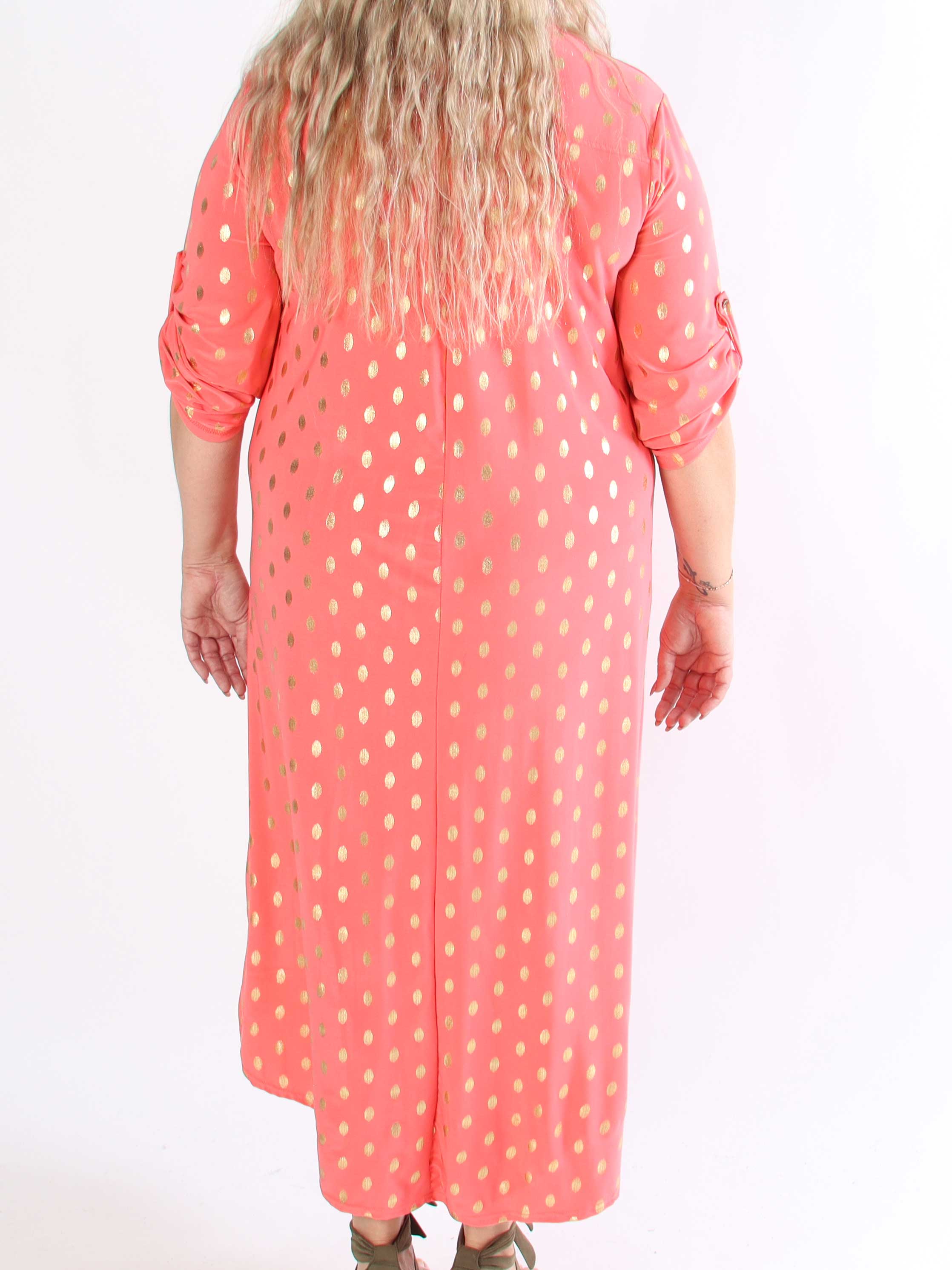 Ebba Gold Dress - Elastisk plus size lang kjole med guld prikker