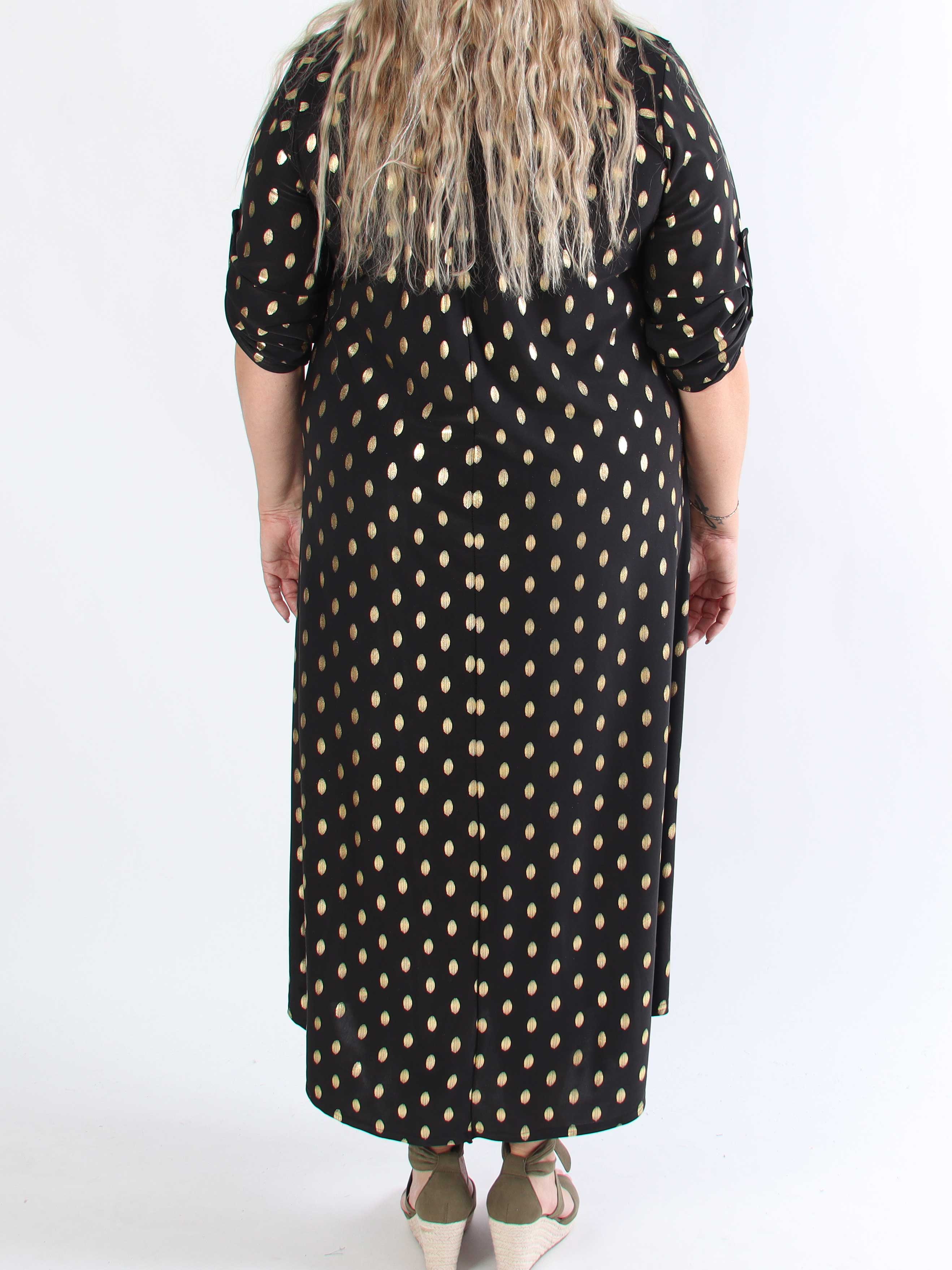 Ebba Gold Dress - Elastisk plus size lang kjole med guld prikker