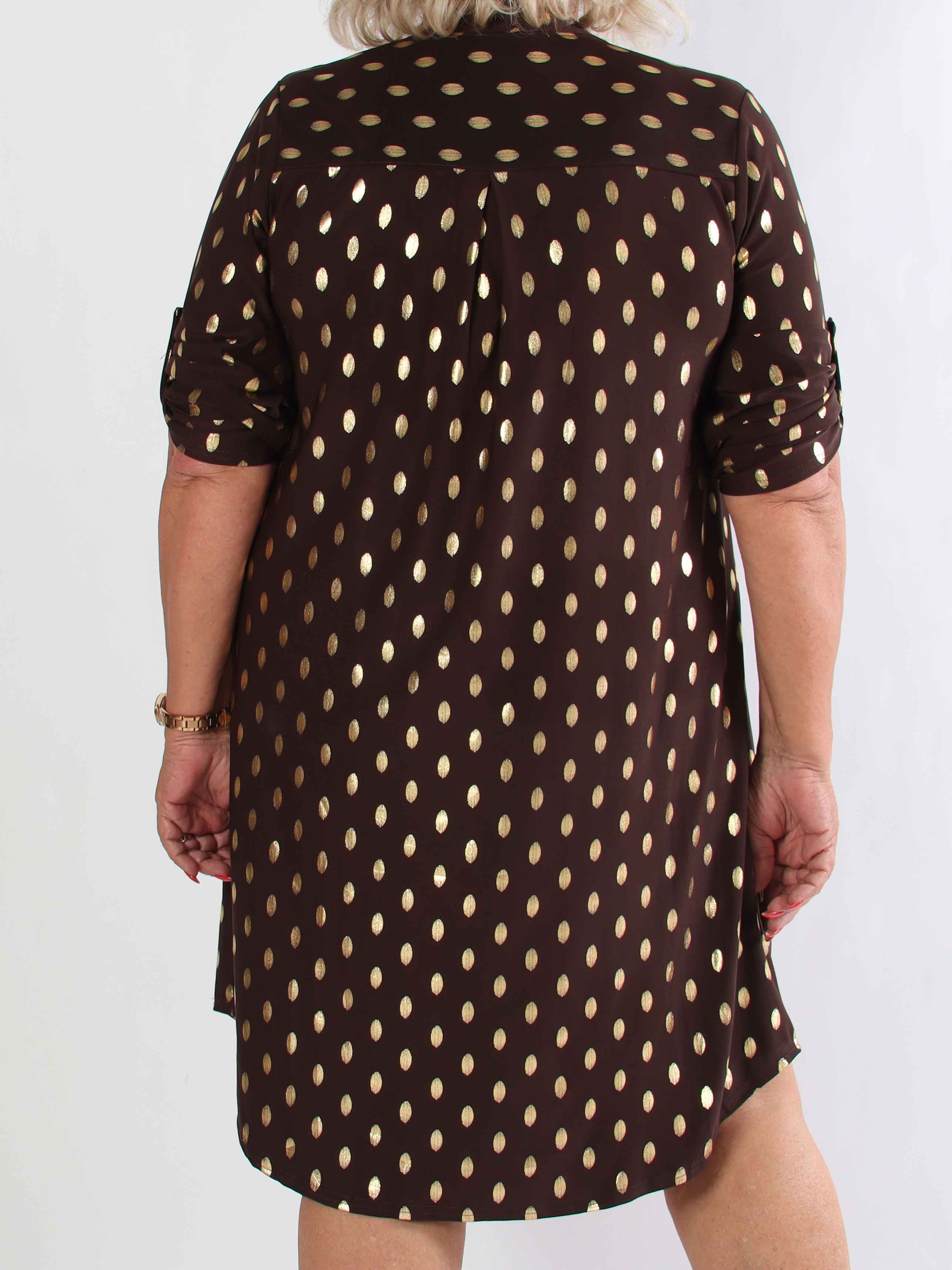 Ebba Gold Long - Elastisk plus size kjole med guld prikker