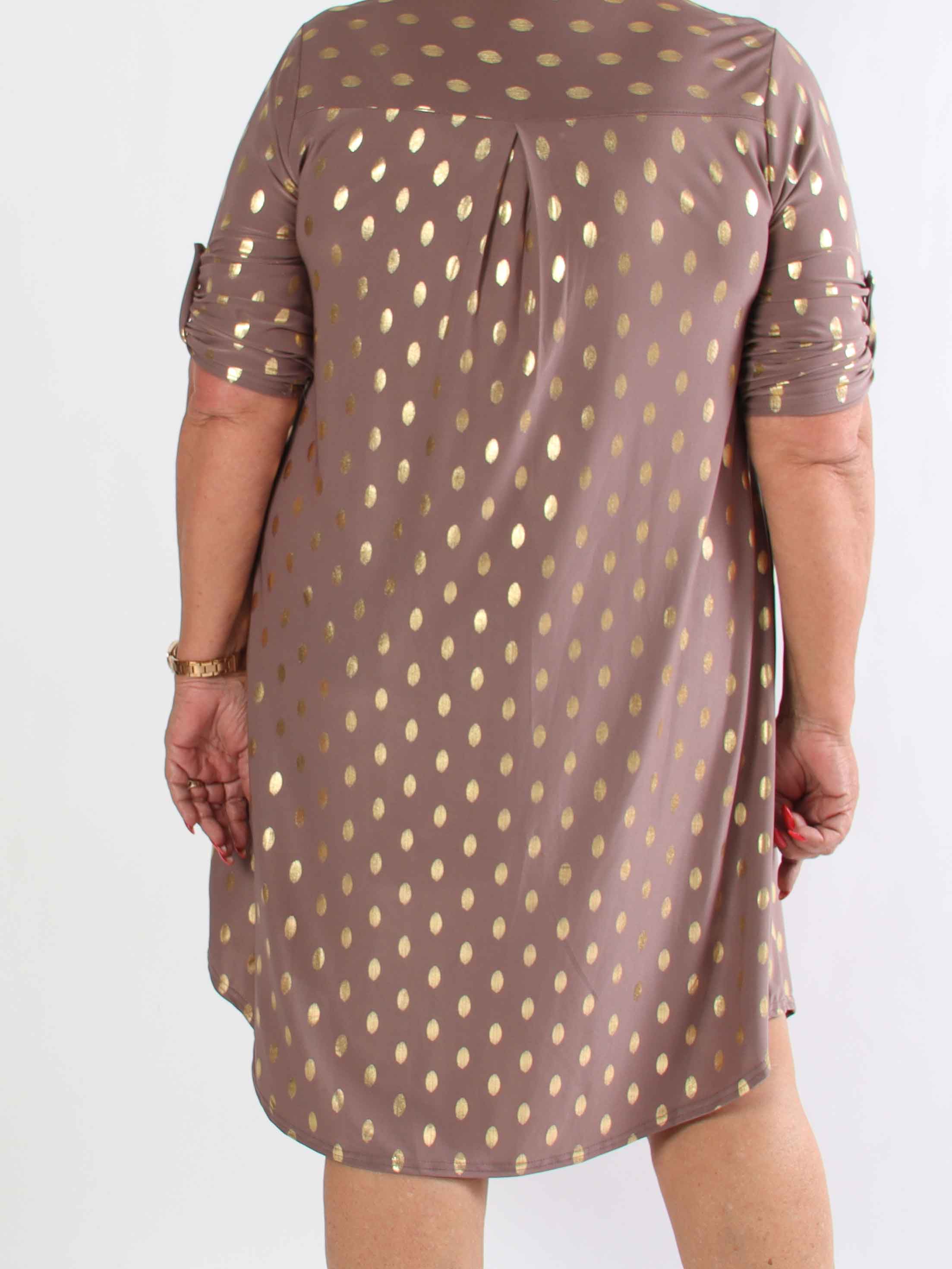 Ebba Gold Long - Elastisk plus size kjole med guld prikker