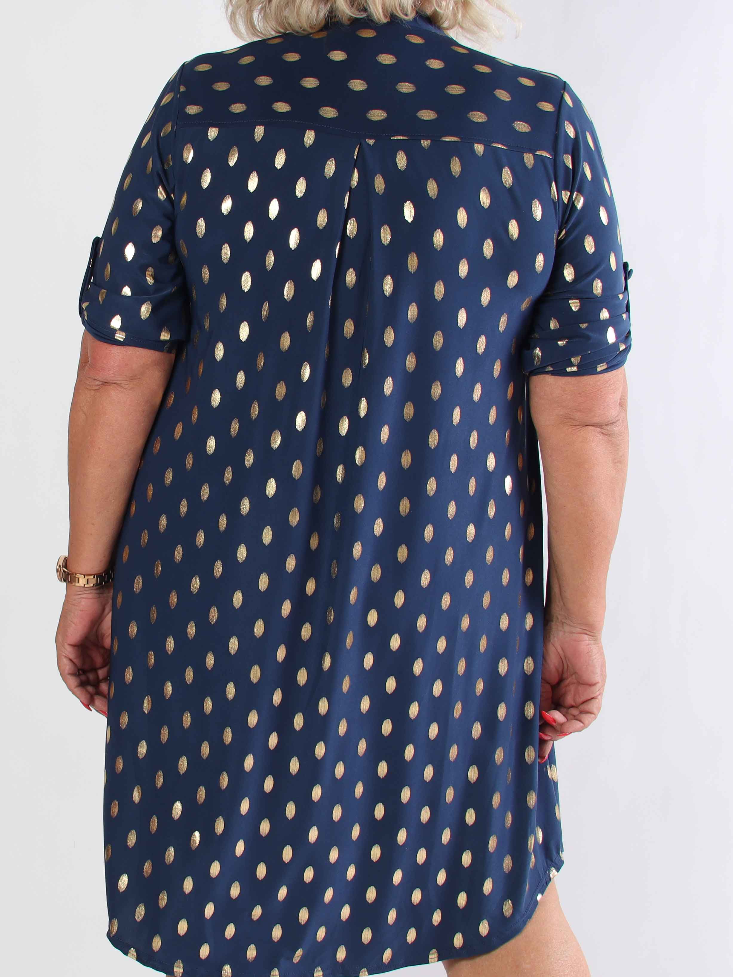 Ebba Gold Long - Elastisk plus size kjole med guld prikker