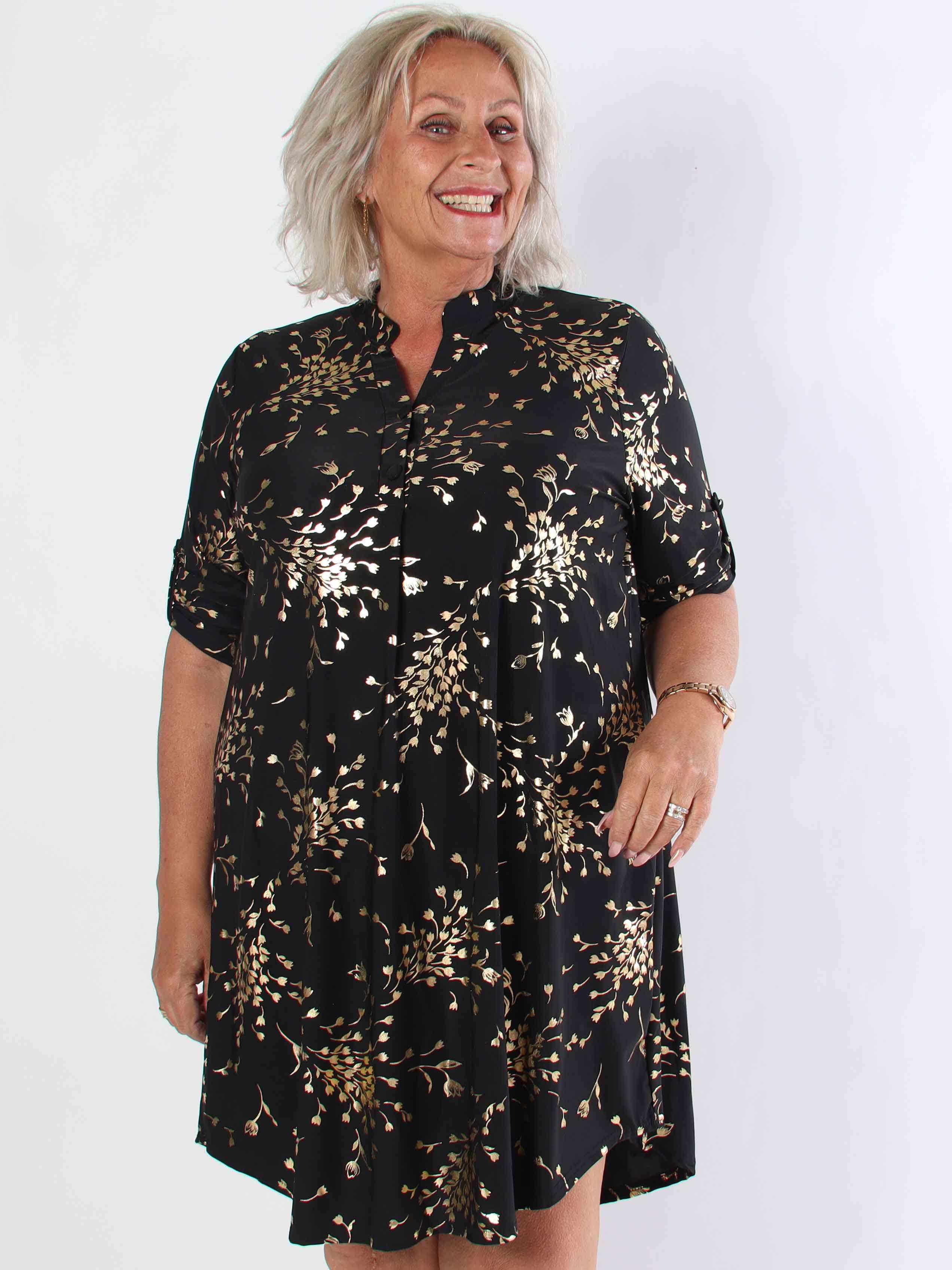 Ebba Gold Leaf Long - Elastisk ensfarvet plus size kjole med guld blomsterprint