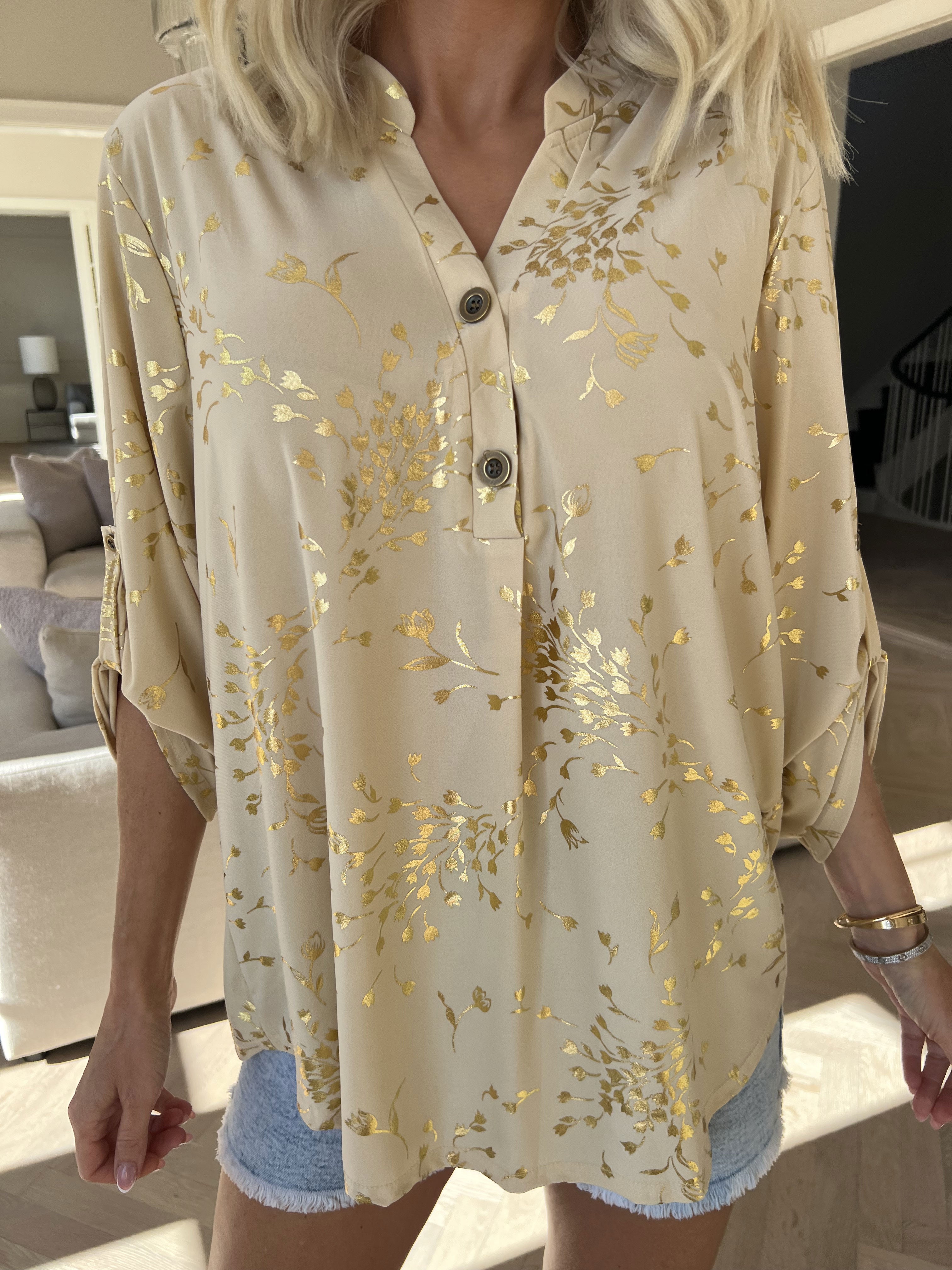 Ebba Gold Leaf Shirt - Elastisk bluse mønstret med guld blade