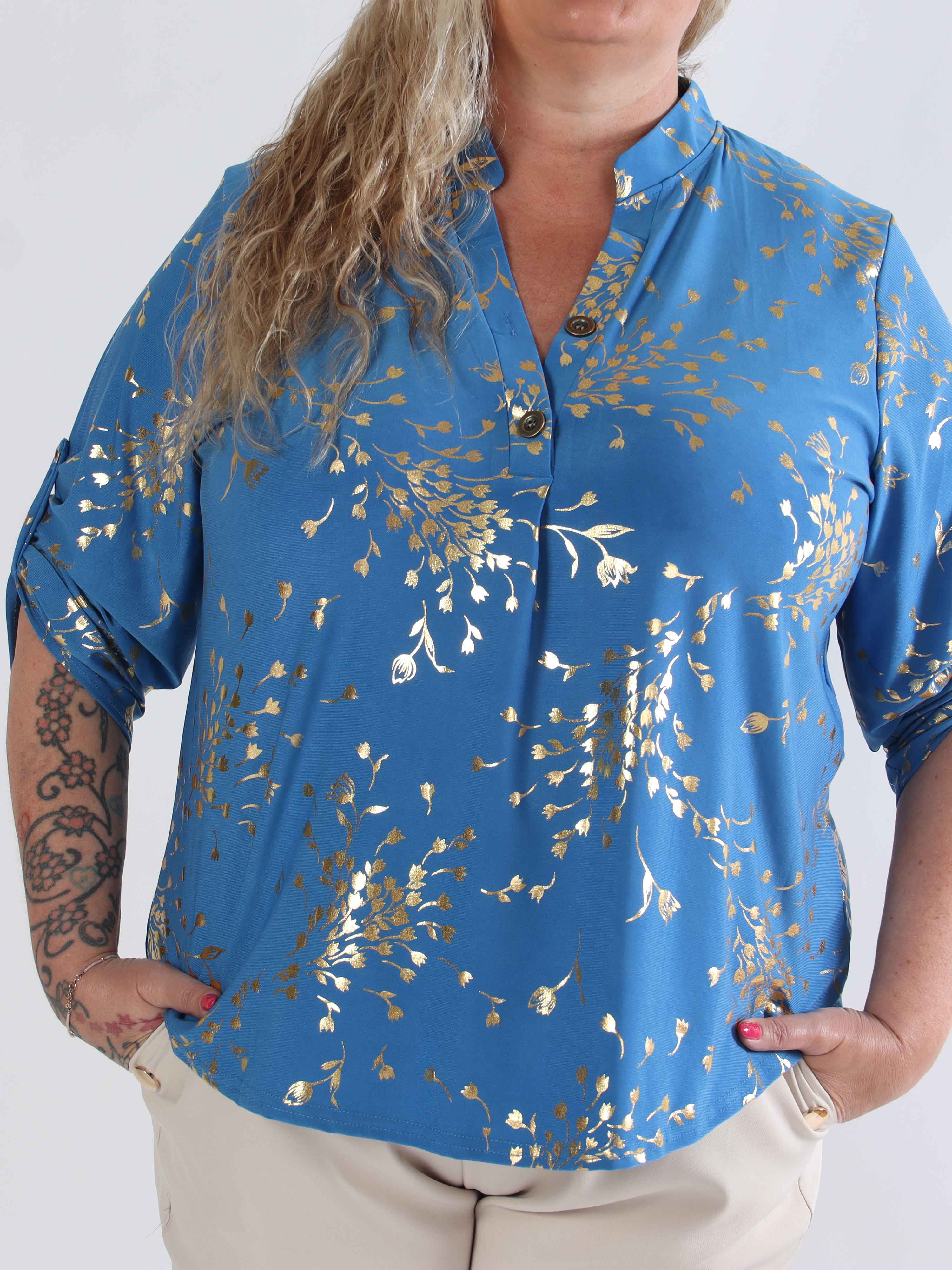 Ebba Gold Leaf Shirt - Elastisk plus size bluse mønstret med guld blade