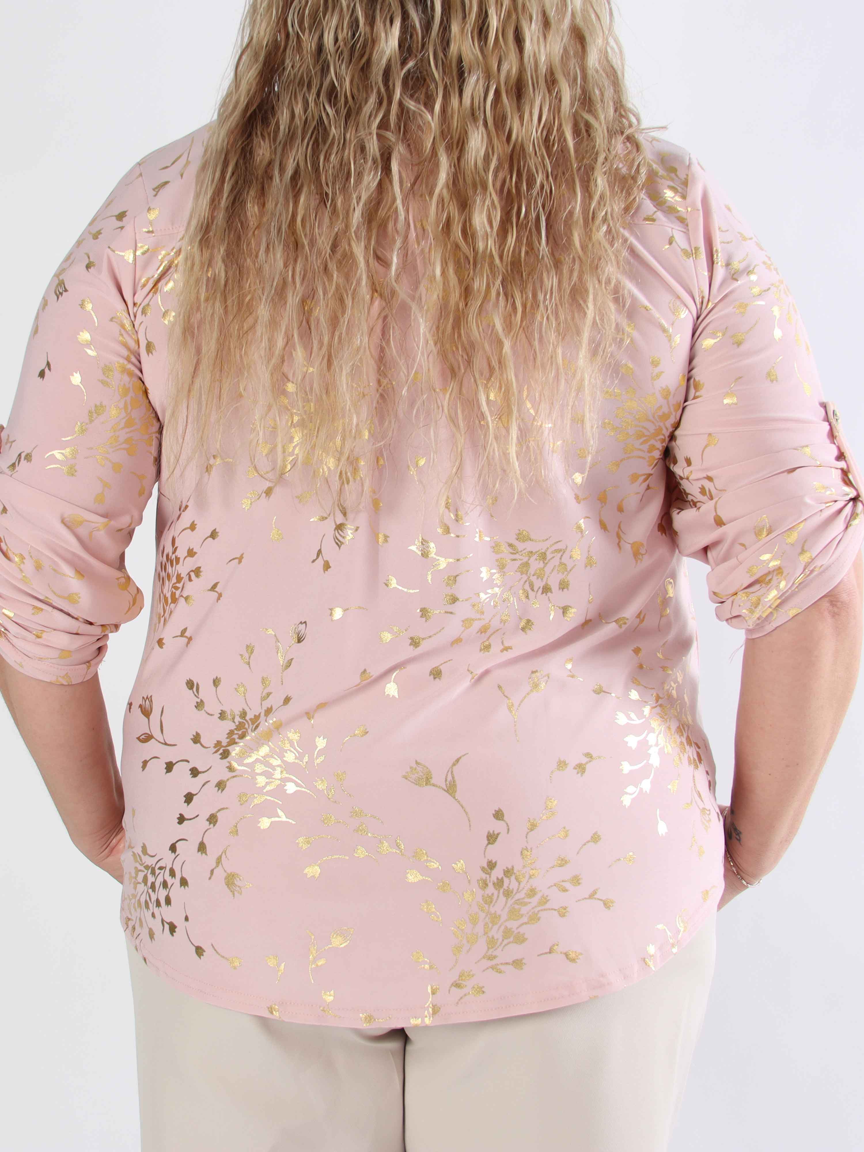 Ebba Gold Leaf Shirt - Elastisk plus size bluse mønstret med guld blade
