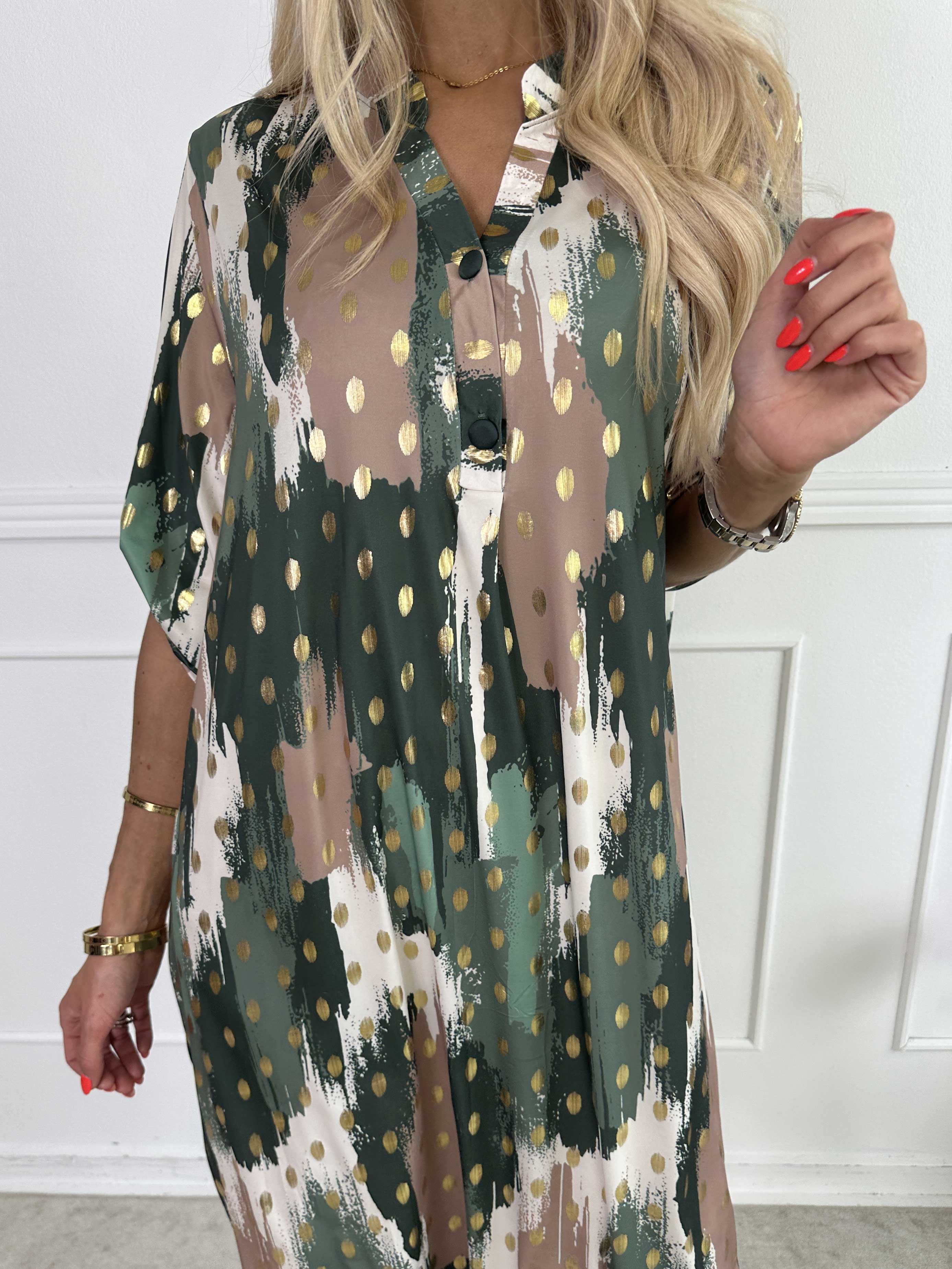 Ebba Paint Long - Elastisk flerfarvet kjole med guld dutter