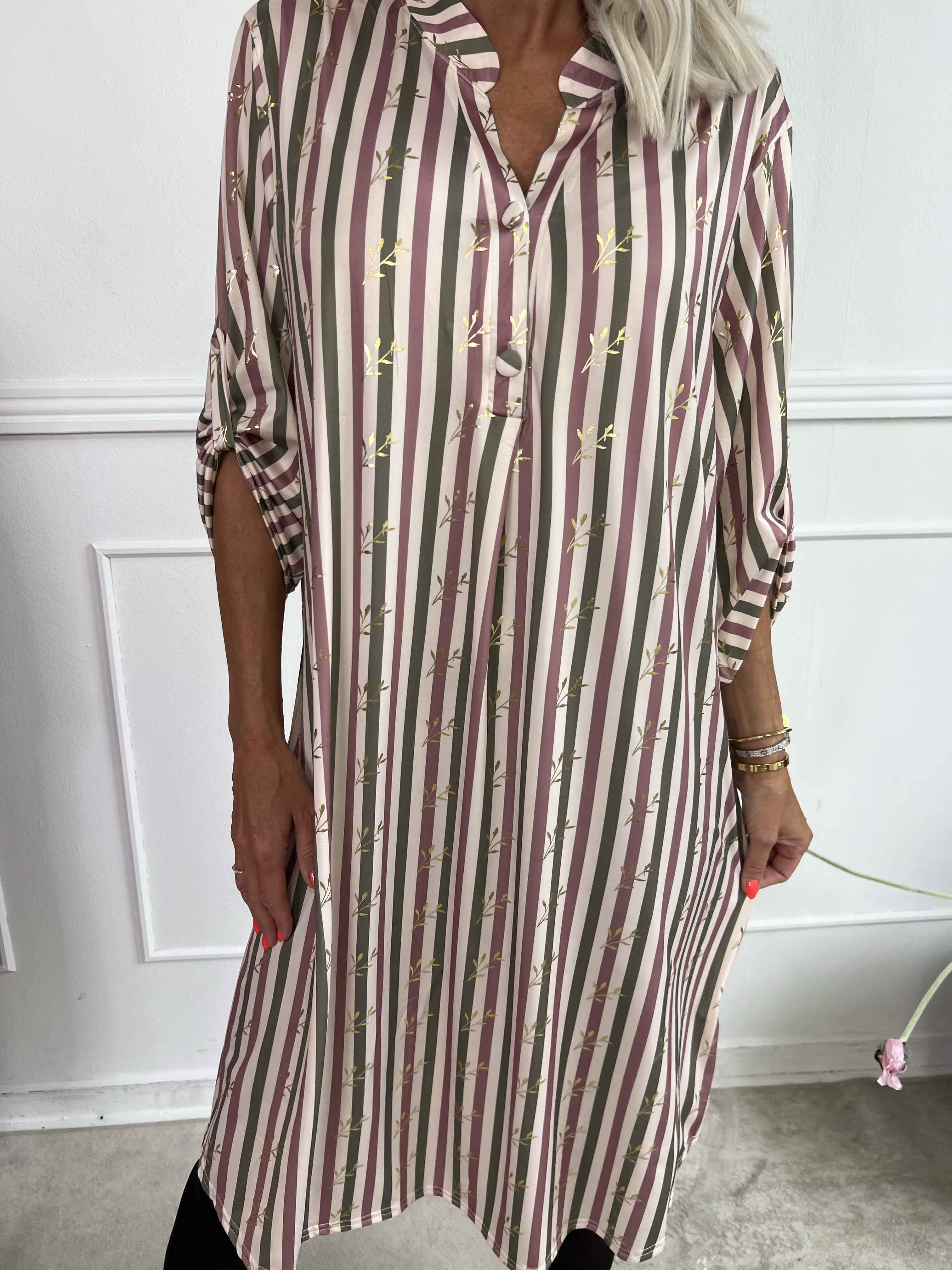 Ebba Stripe Long - Elastisk stribet kjole med guld blade