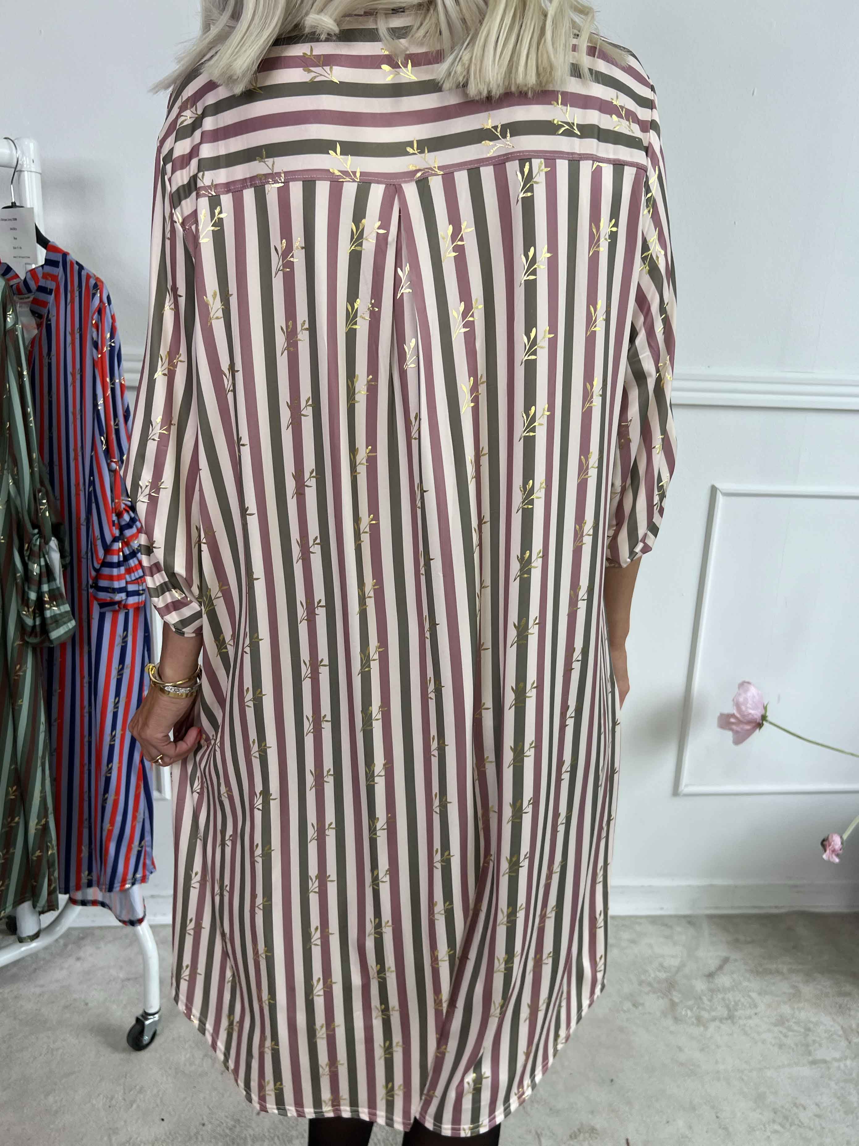 Ebba Stripe Long - Elastisk stribet kjole med guld blade