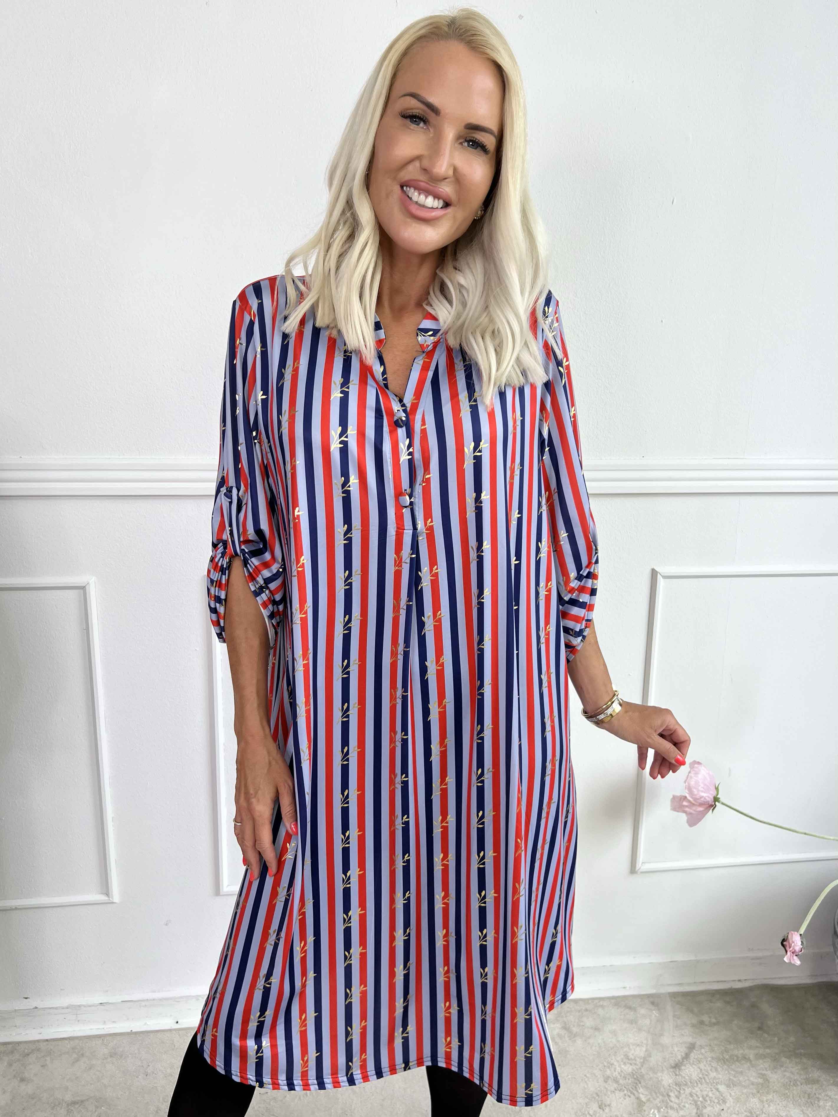 Ebba Stripe Long - Elastisk stribet kjole med guld blade