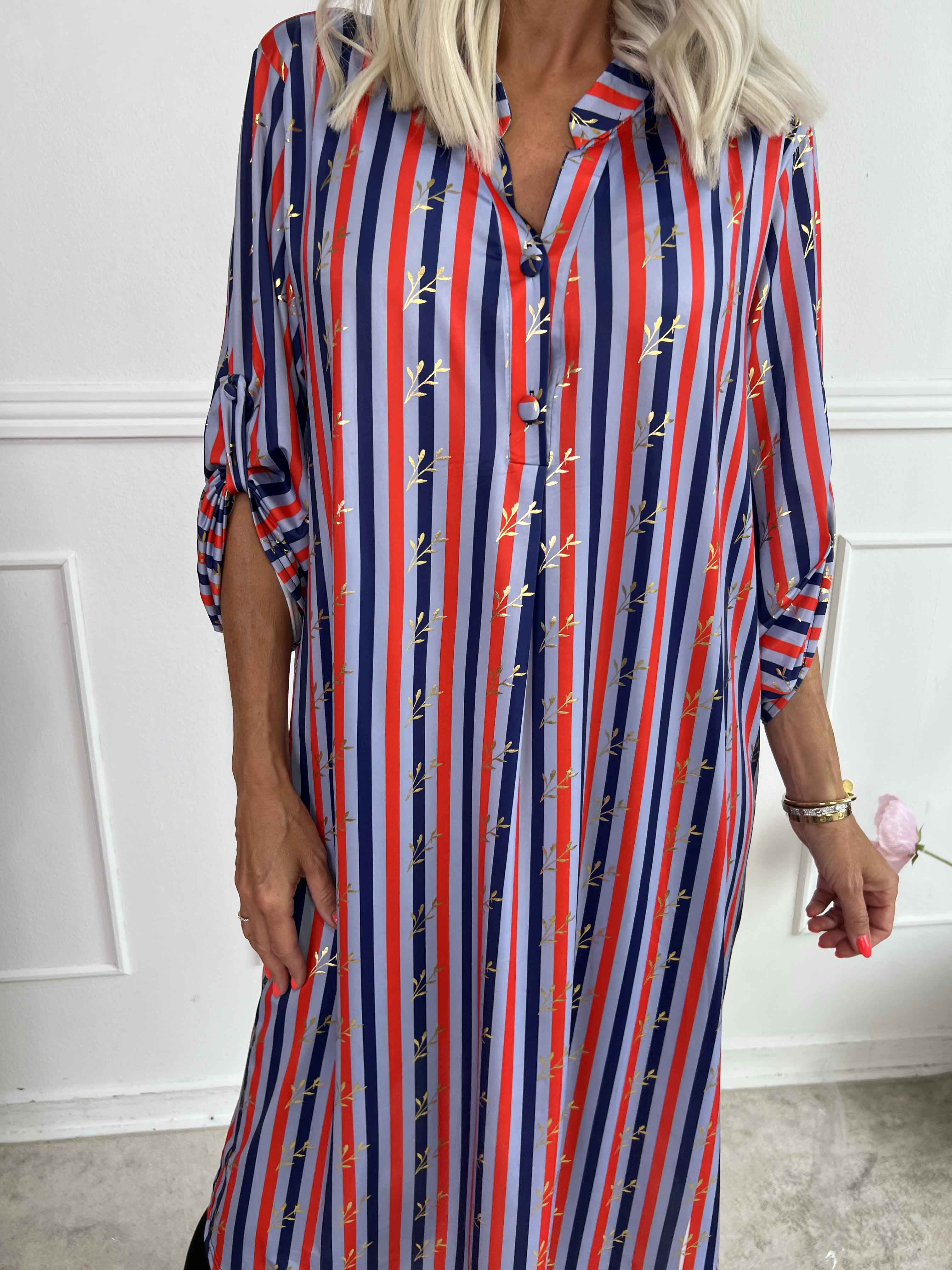 Ebba Stripe Long - Elastisk stribet kjole med guld blade