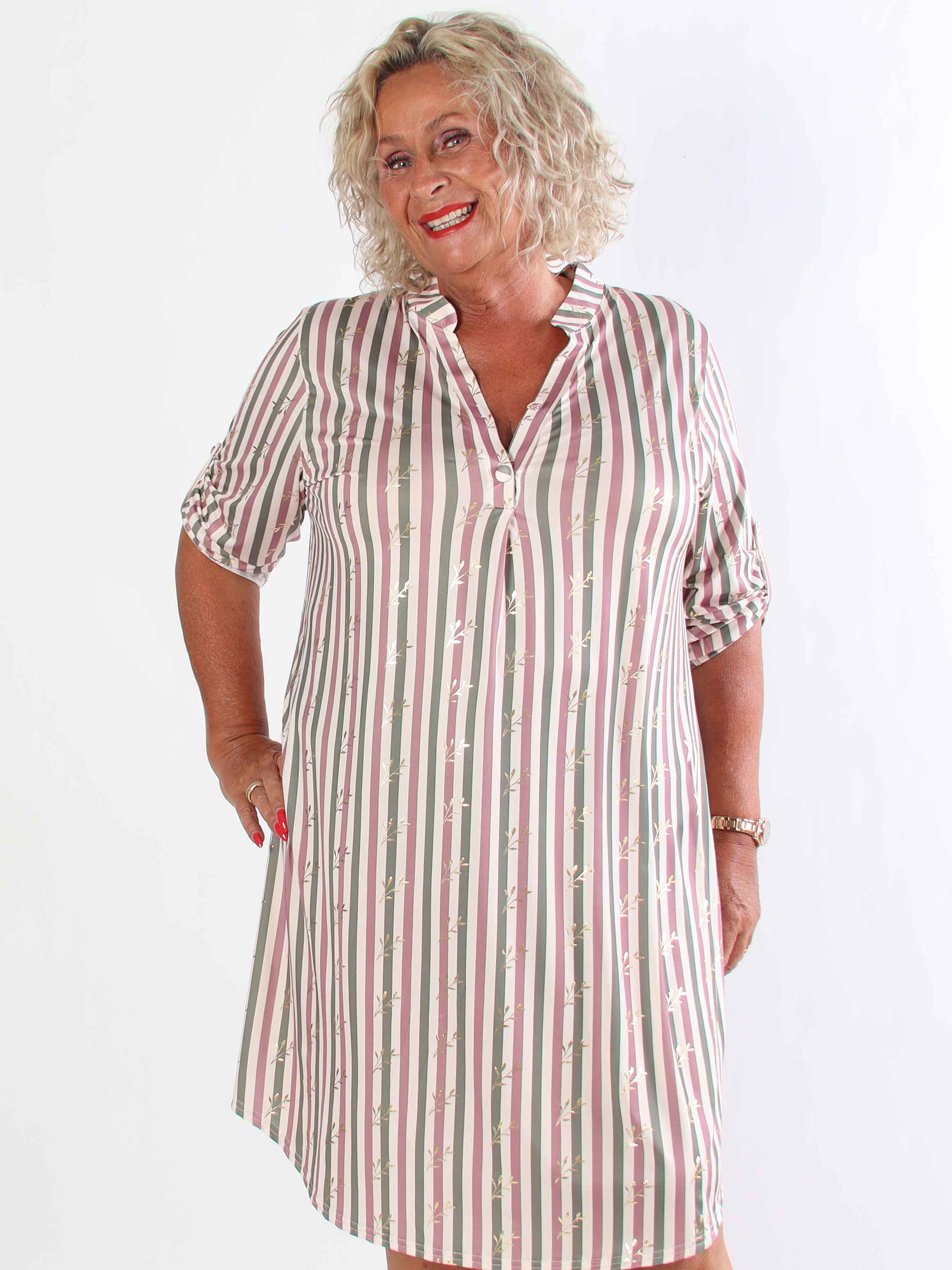 Ebba Stripe Long - Elastisk plus size stribet kjole med guld blade