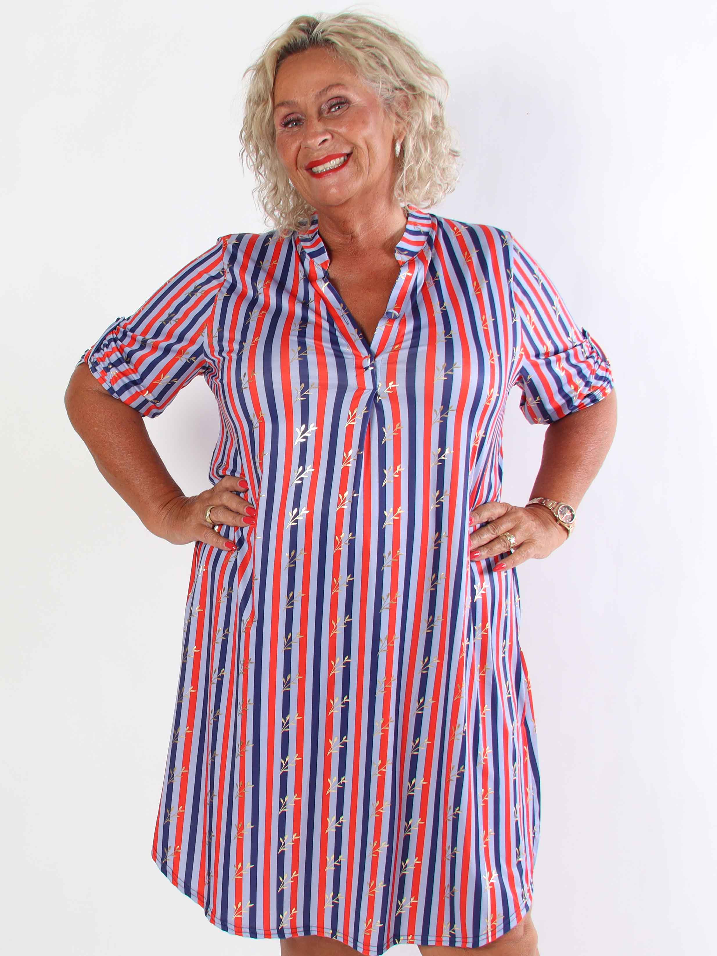 Ebba Stripe Long - Elastisk plus size stribet kjole med guld blade