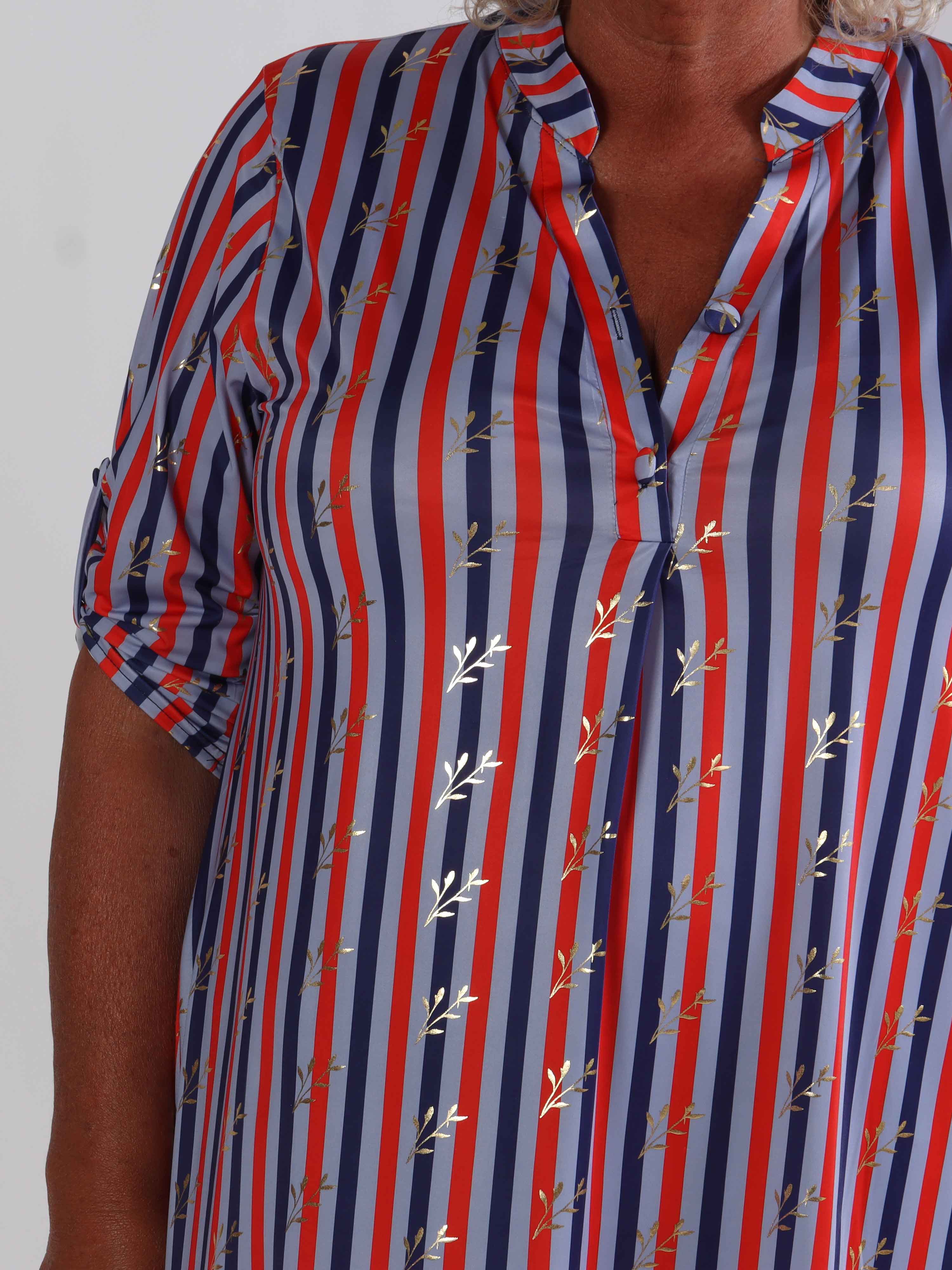 Ebba Stripe Long - Elastisk plus size stribet kjole med guld blade