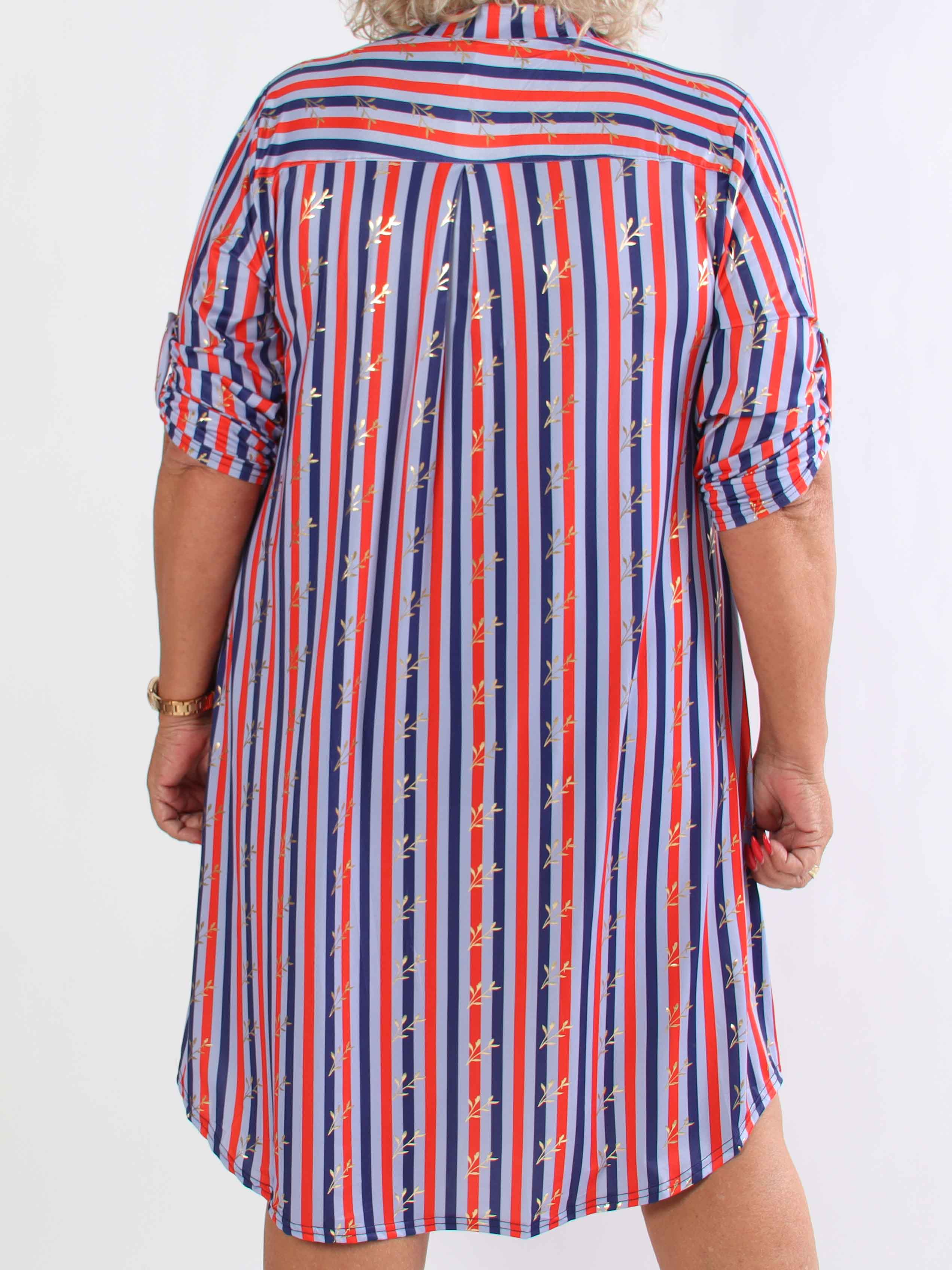 Ebba Stripe Long - Elastisk plus size stribet kjole med guld blade