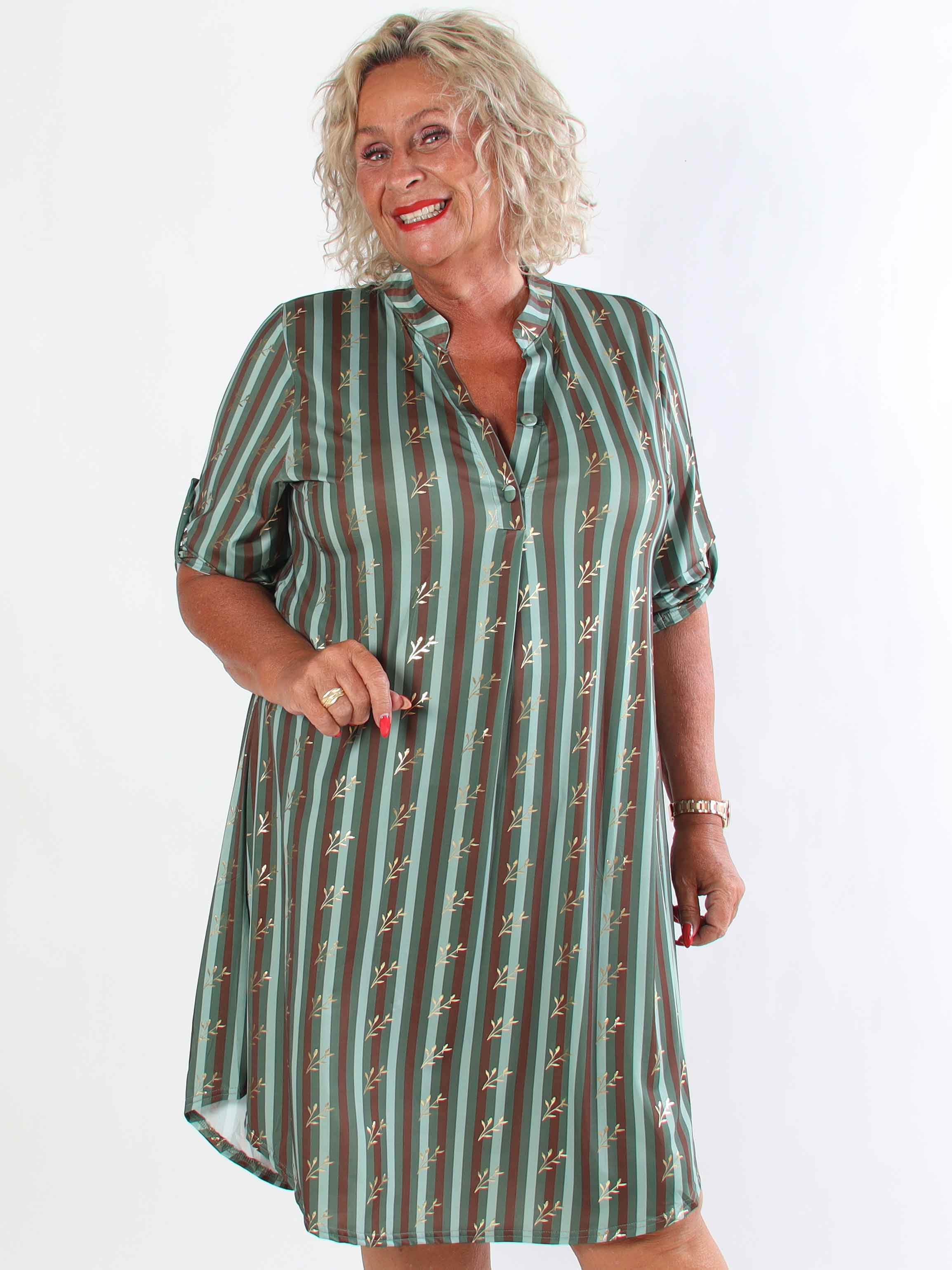 Ebba Stripe Long - Elastisk plus size stribet kjole med guld blade