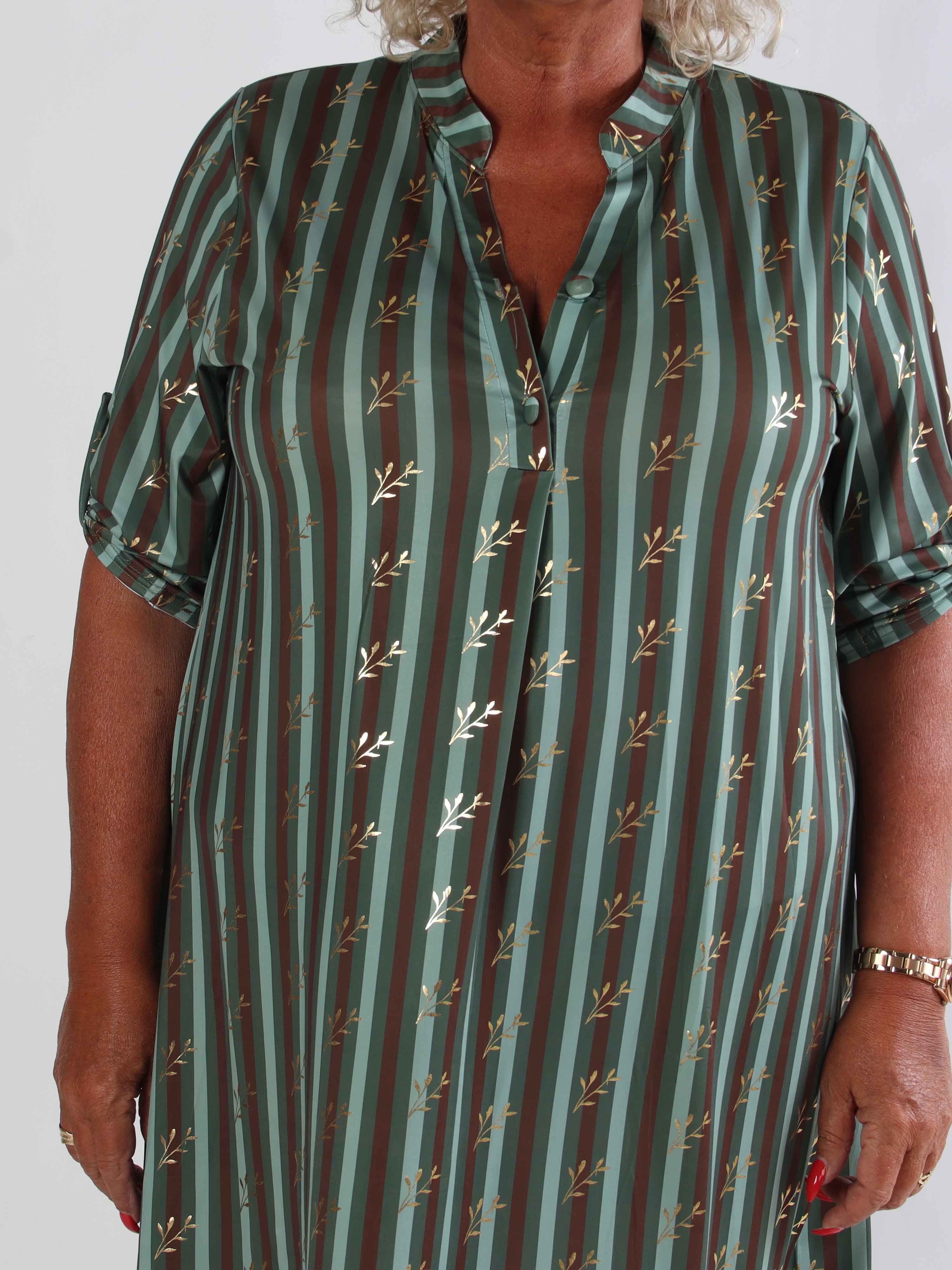 Ebba Stripe Long - Elastisk plus size stribet kjole med guld blade