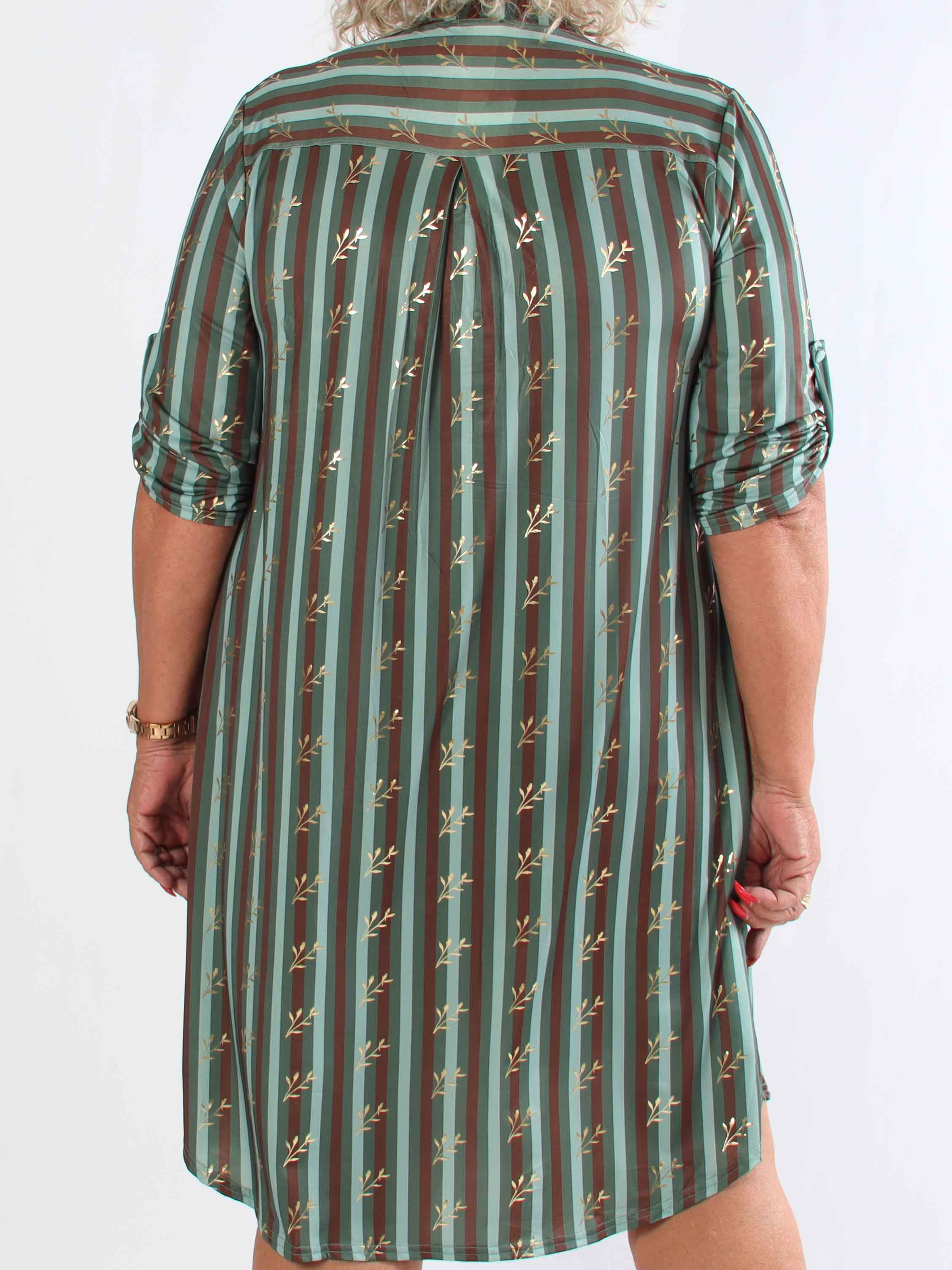 Ebba Stripe Long - Elastisk plus size stribet kjole med guld blade