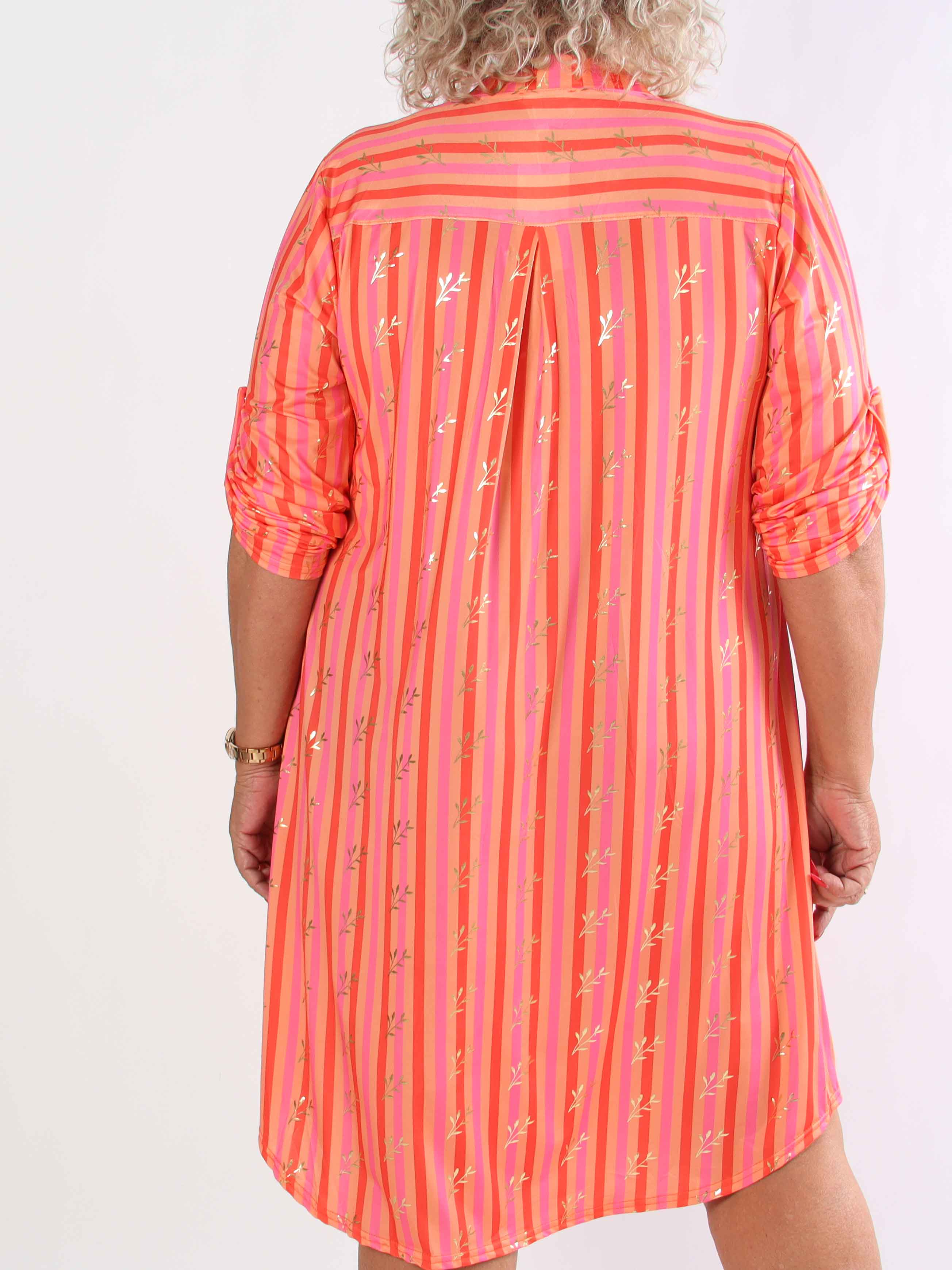 Ebba Stripe Long - Elastisk plus size stribet kjole med guld blade