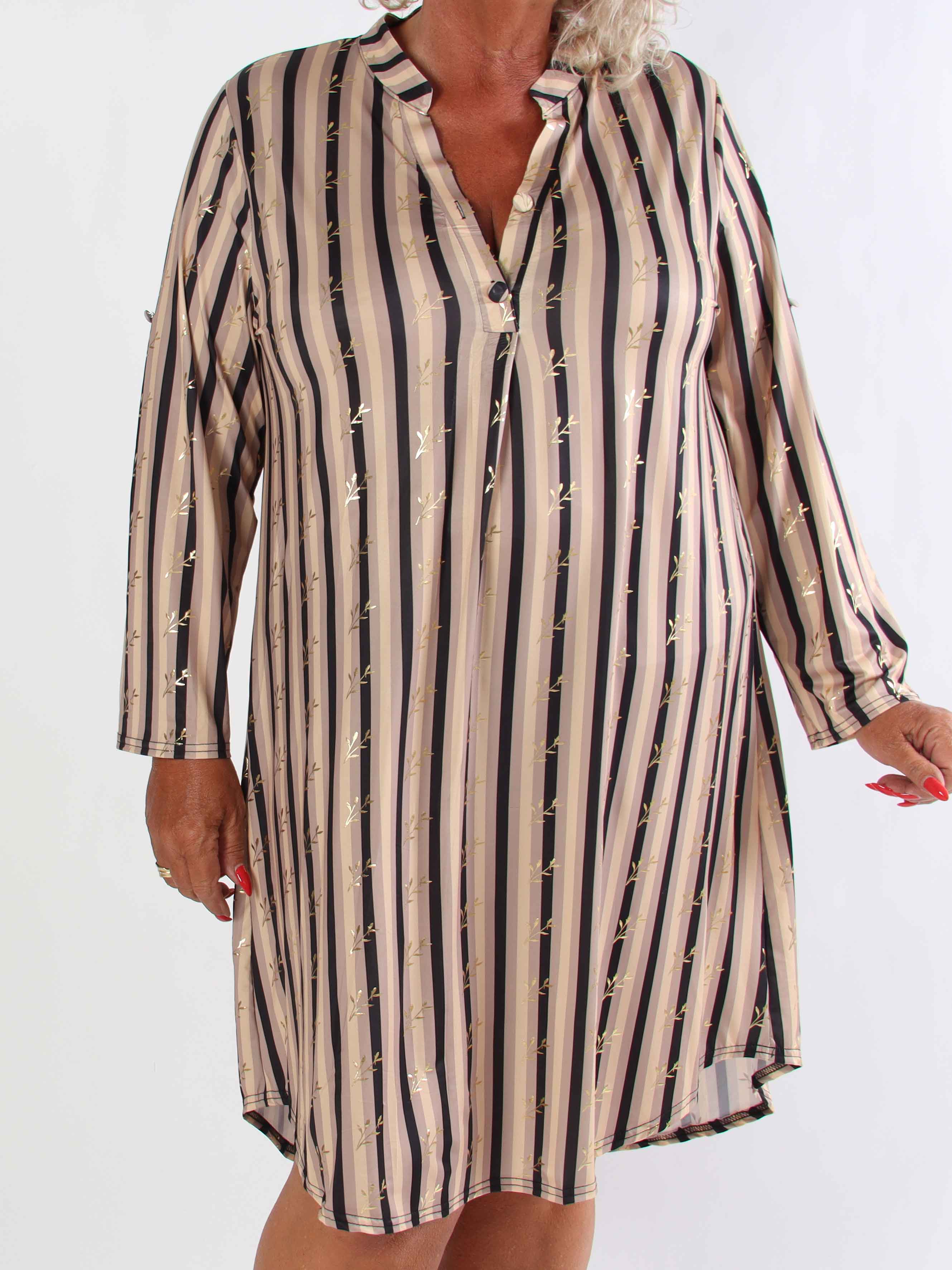 Ebba Stripe Long - Elastisk plus size stribet kjole med guld blade