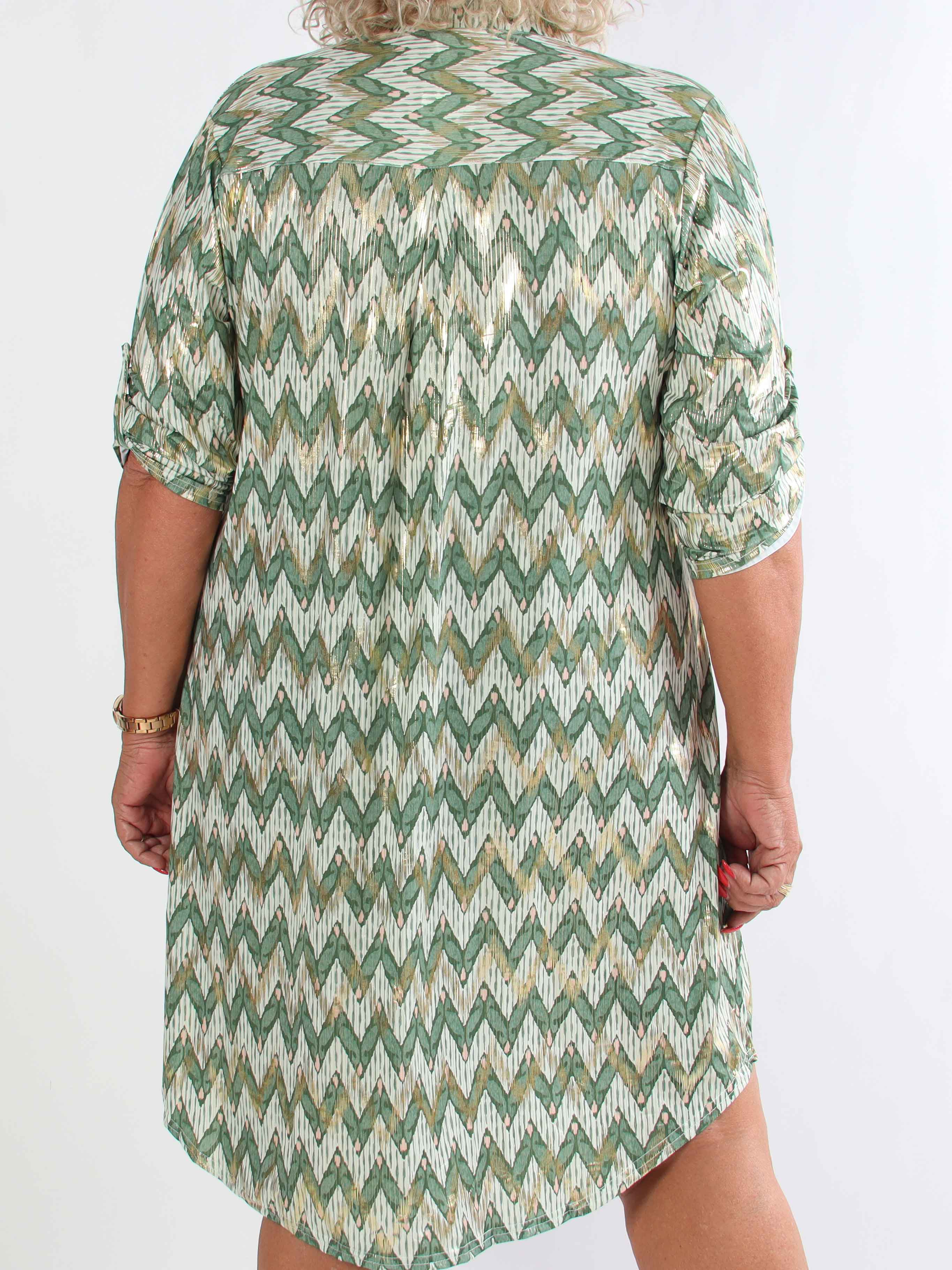 Ebba Zigzag Long - Elastisk mønstret plus size kjole med guld detaljer