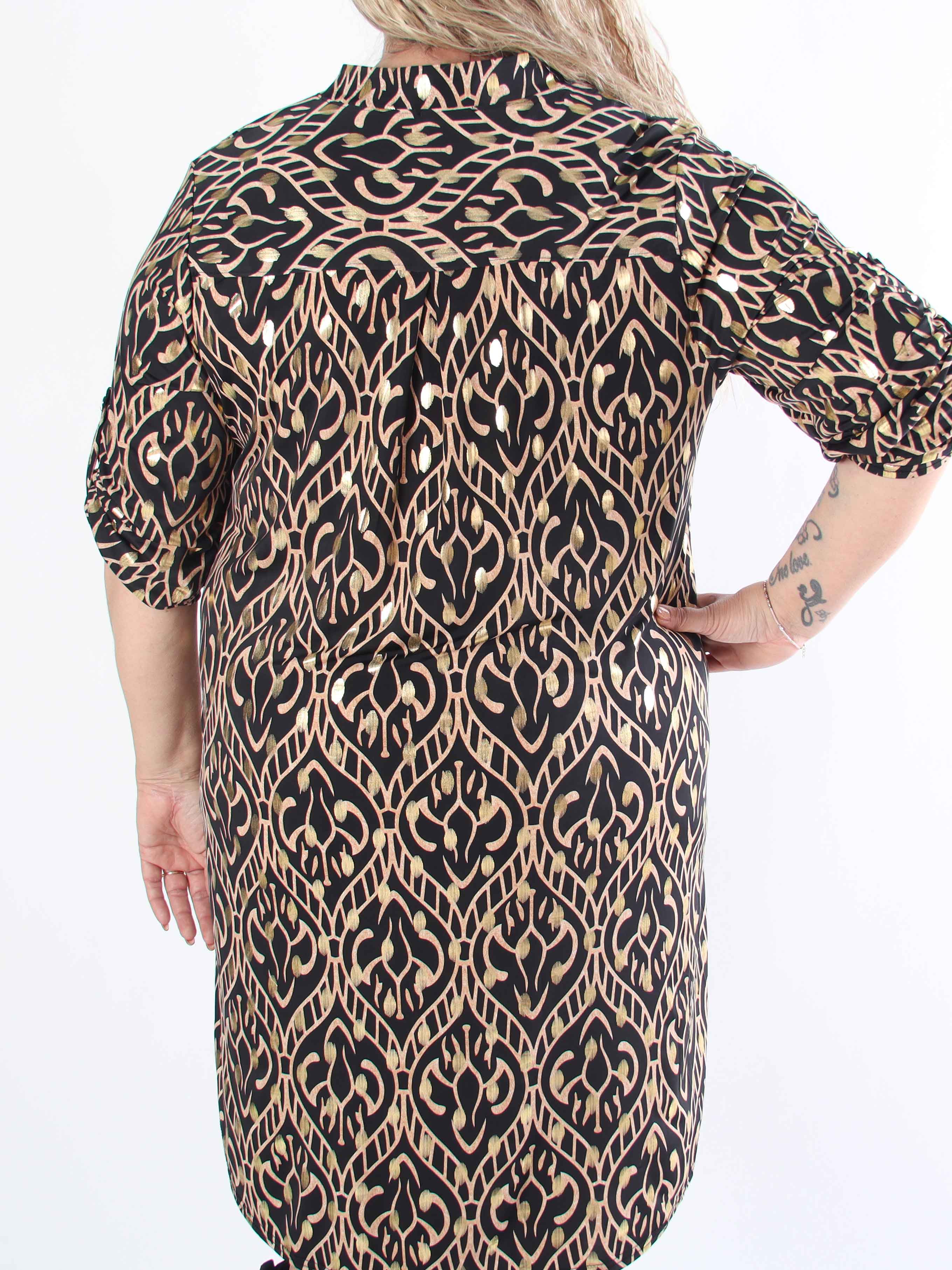 Ebba Boho Long - Elastisk plus size mønstret kjole med guld prikker