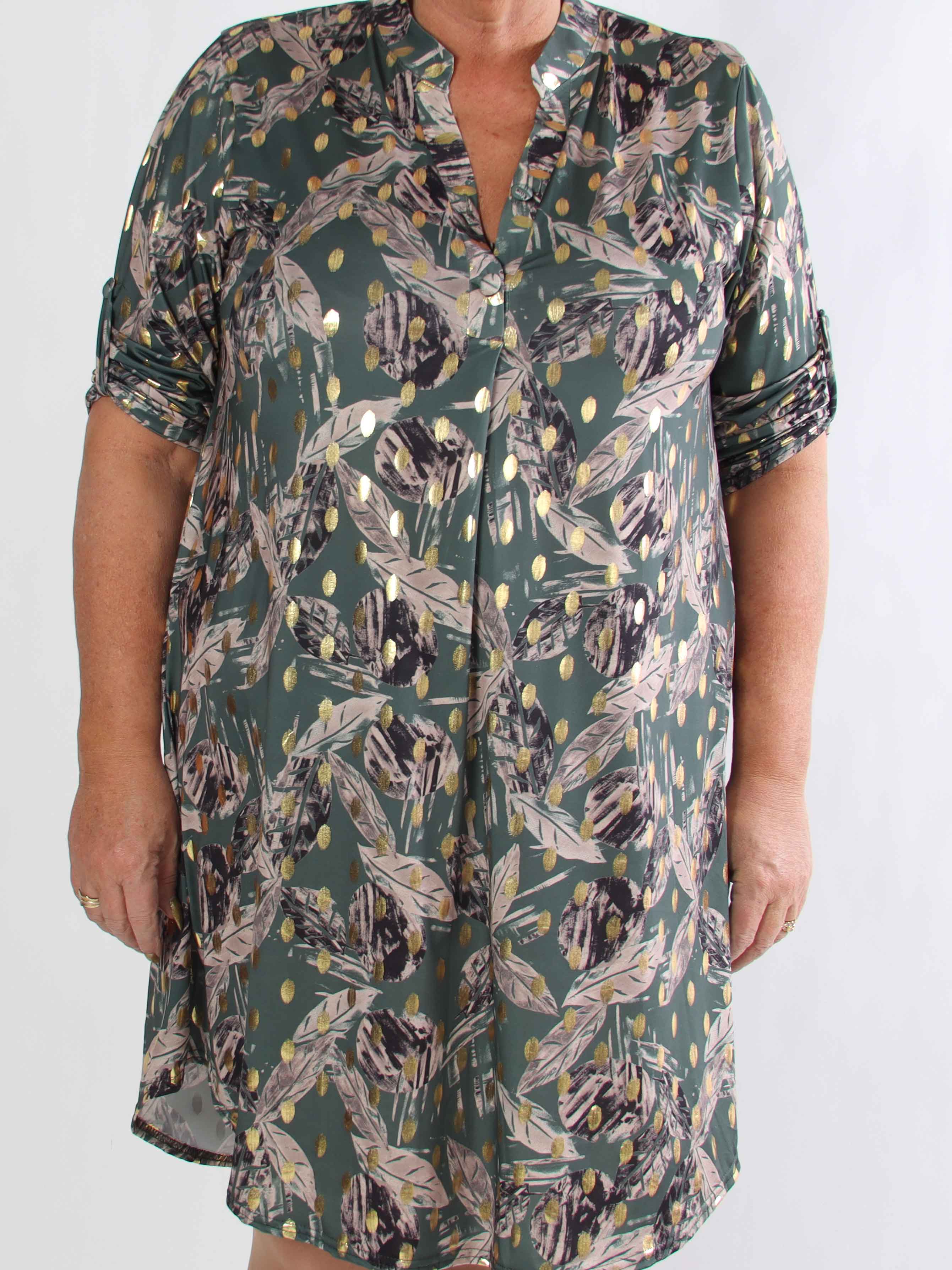 Ebba Leaf Long - Elastisk plus size kjole med bladmønster og guld dutter