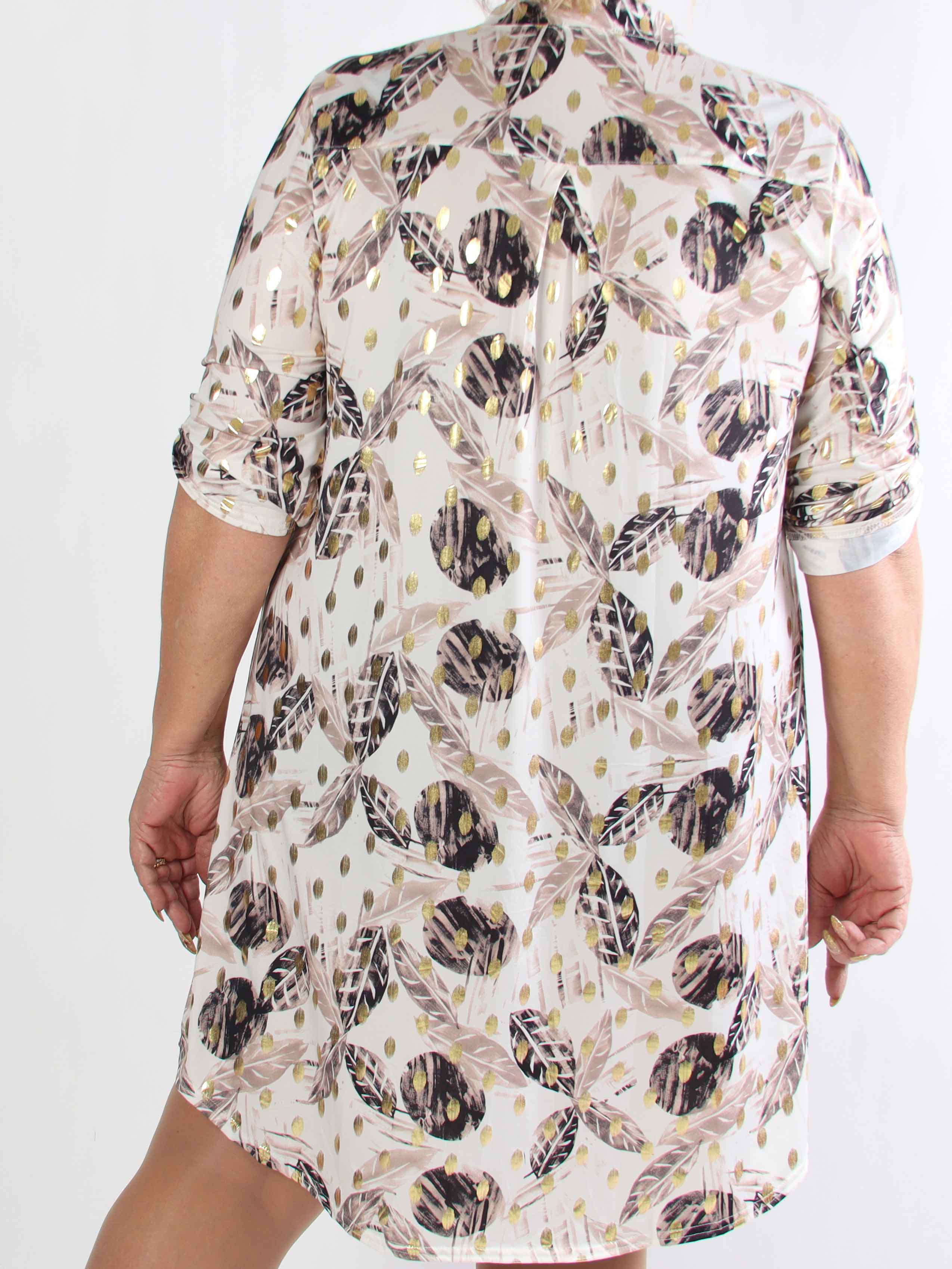 Ebba Leaf Long - Elastisk plus size kjole med bladmønster og guld dutter