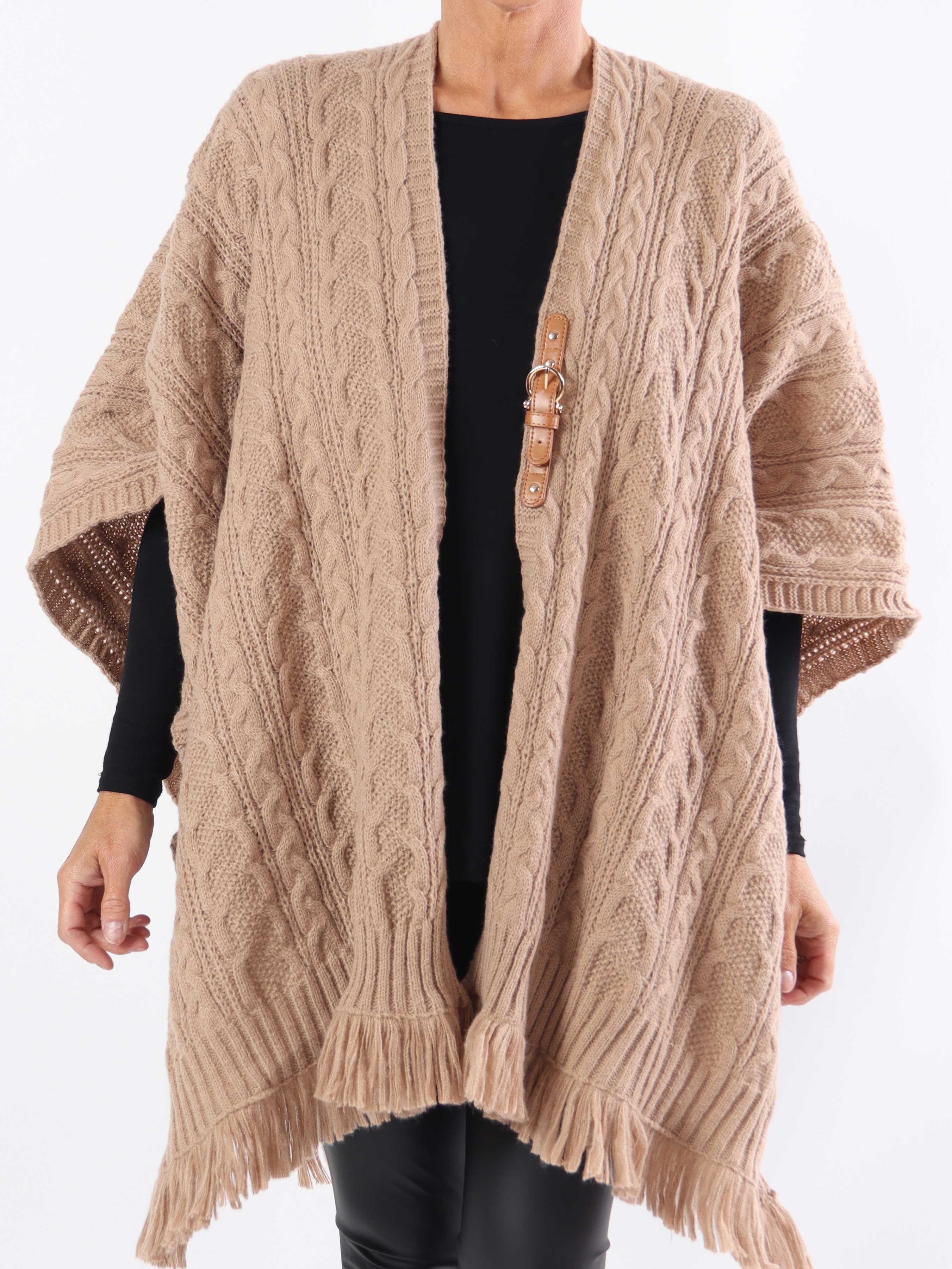 Elianna - Plus size strikponcho med uld og frynser