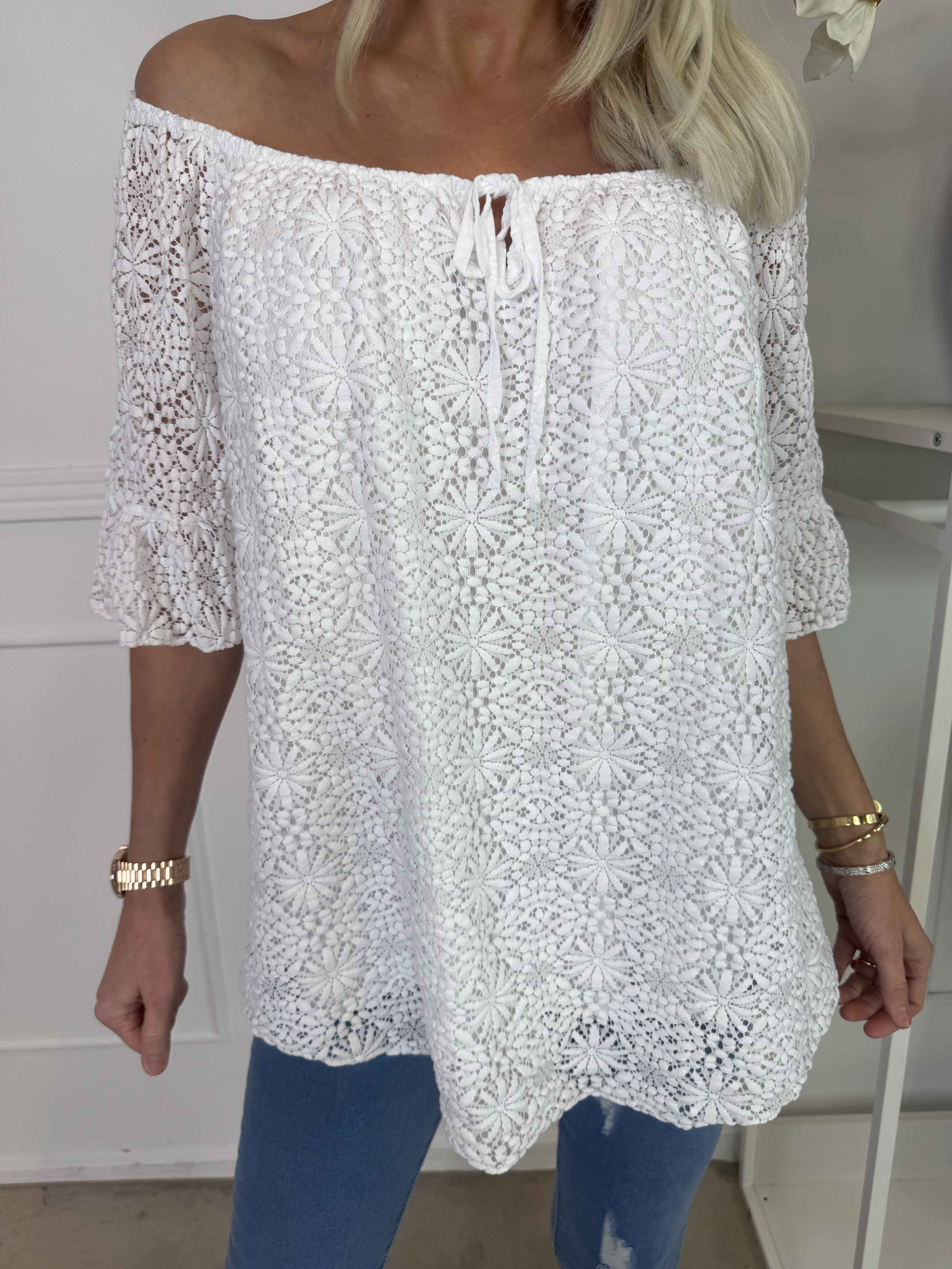 Elisa - Tunika i bomuld med blonde foran og elastikkant i udskæringen