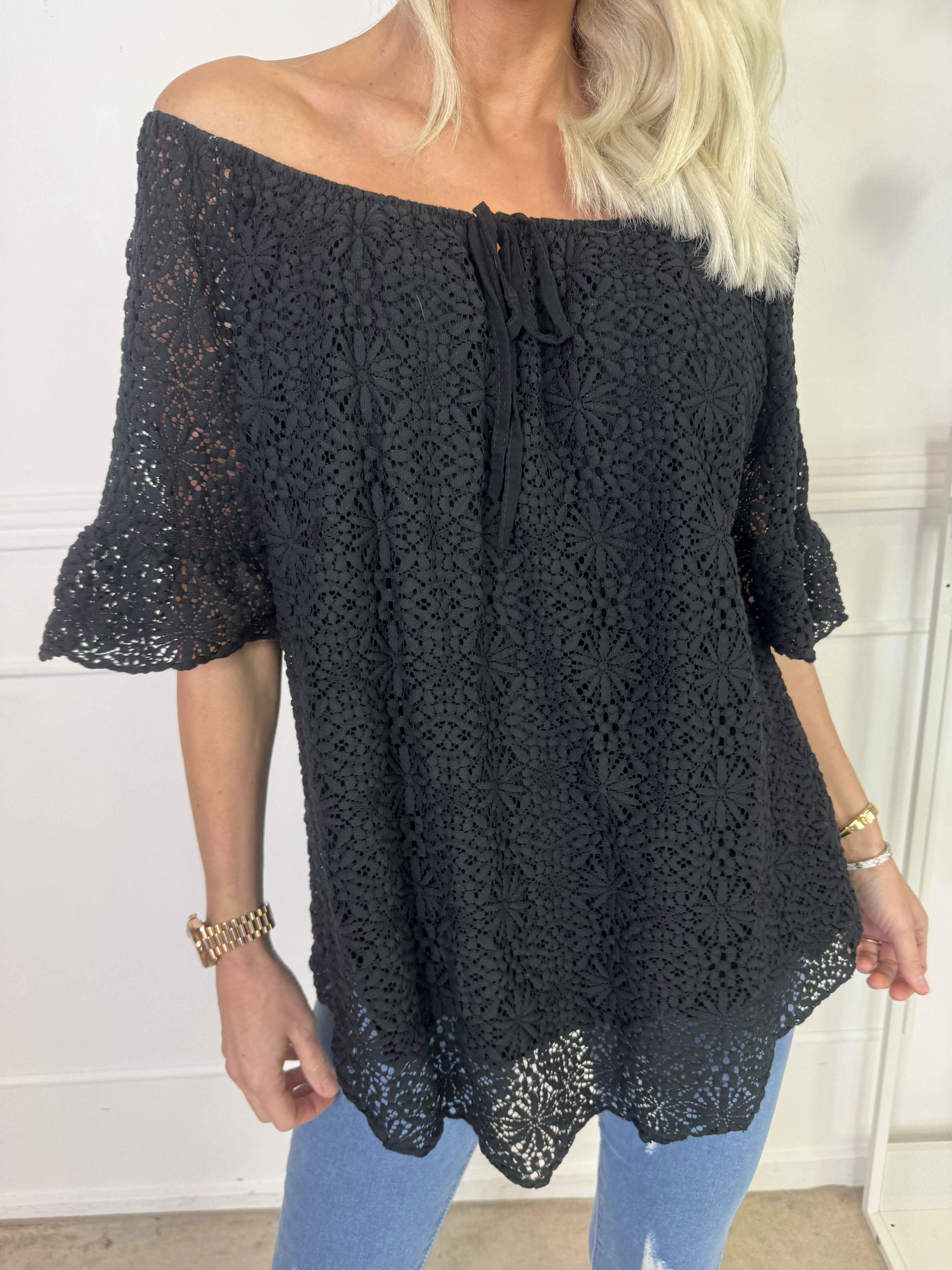 Elisa - Tunika i bomuld med blonde foran og elastikkant i udskæringen