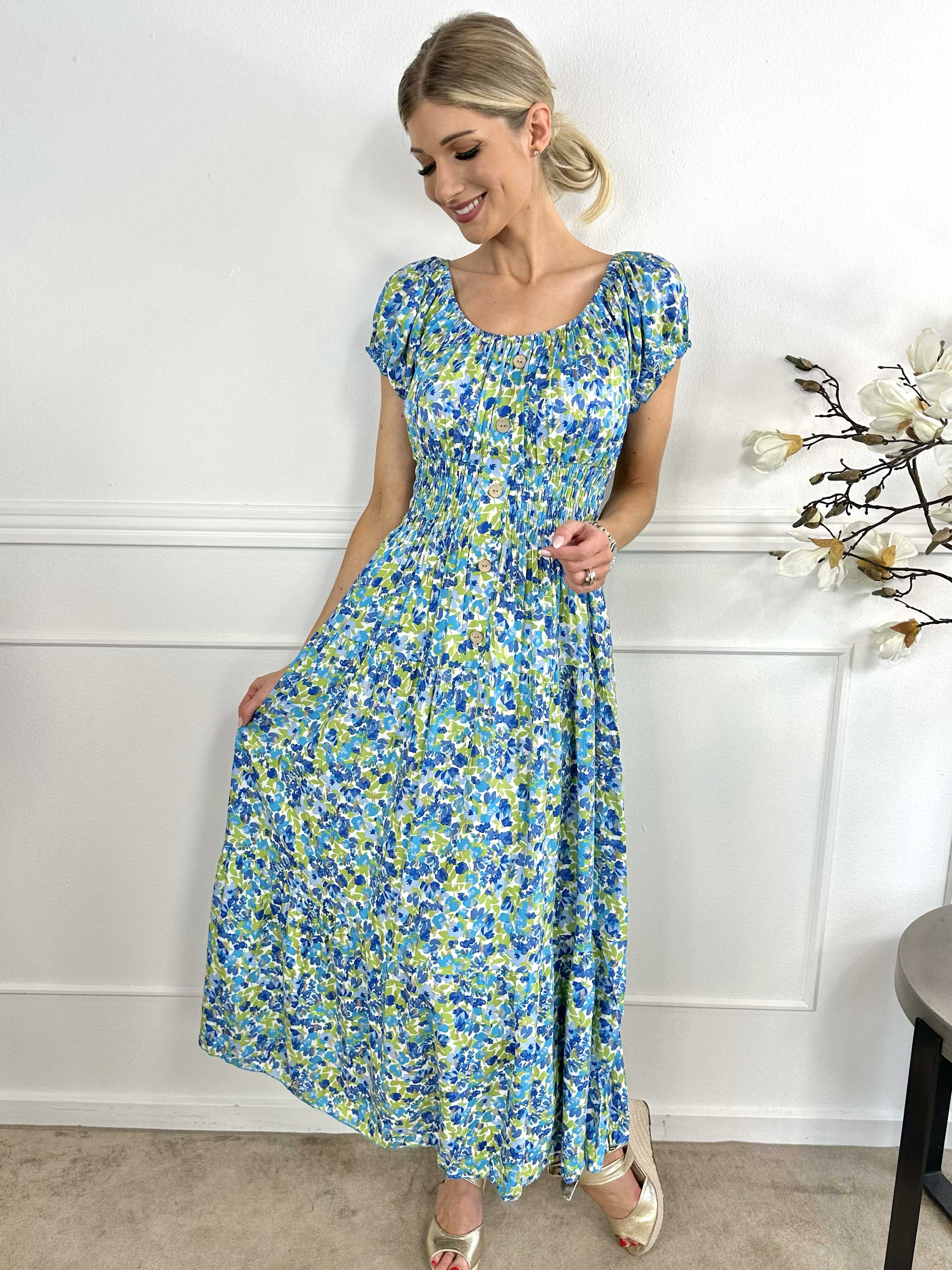 Elise Art - Lang mønstret kjole med smock og træknapper