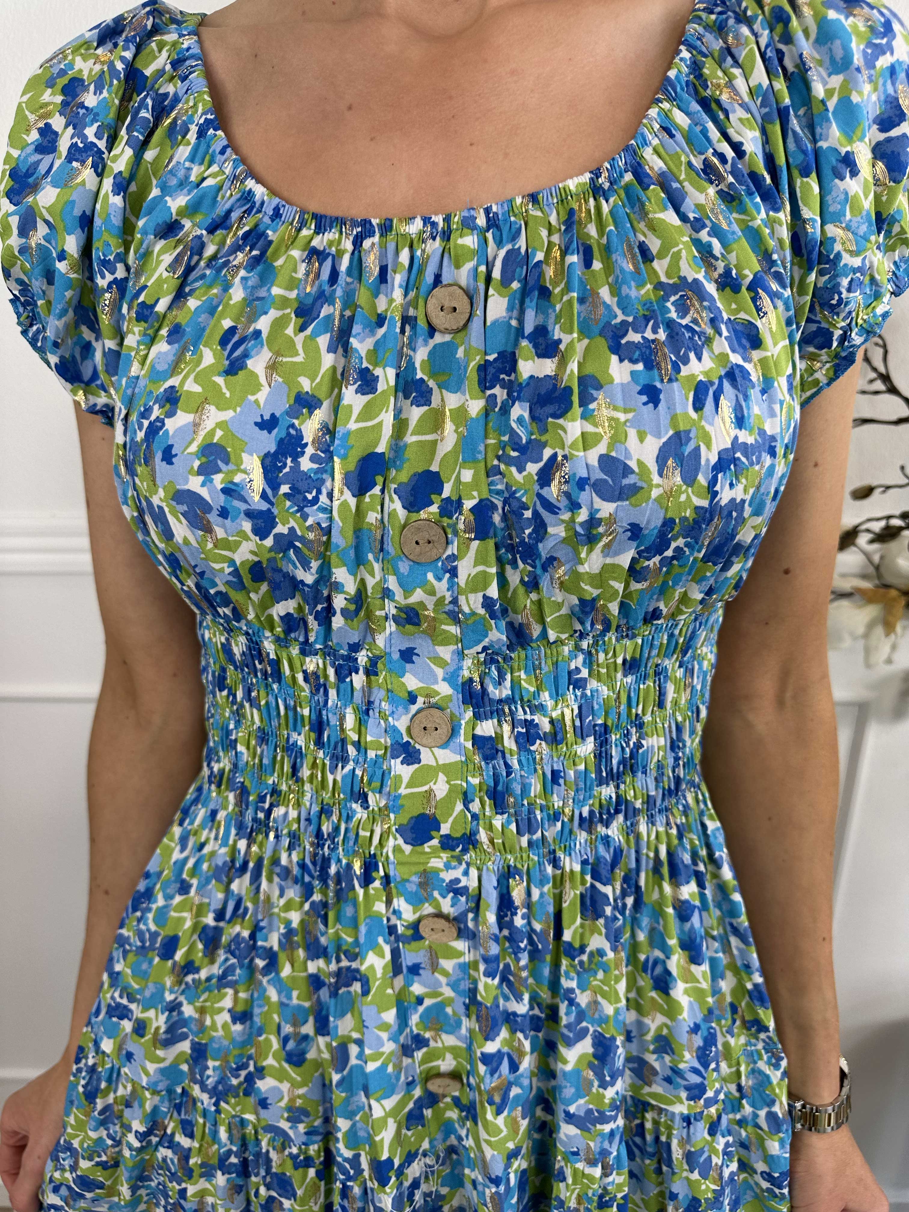 Elise Art - Lang mønstret kjole med smock og træknapper