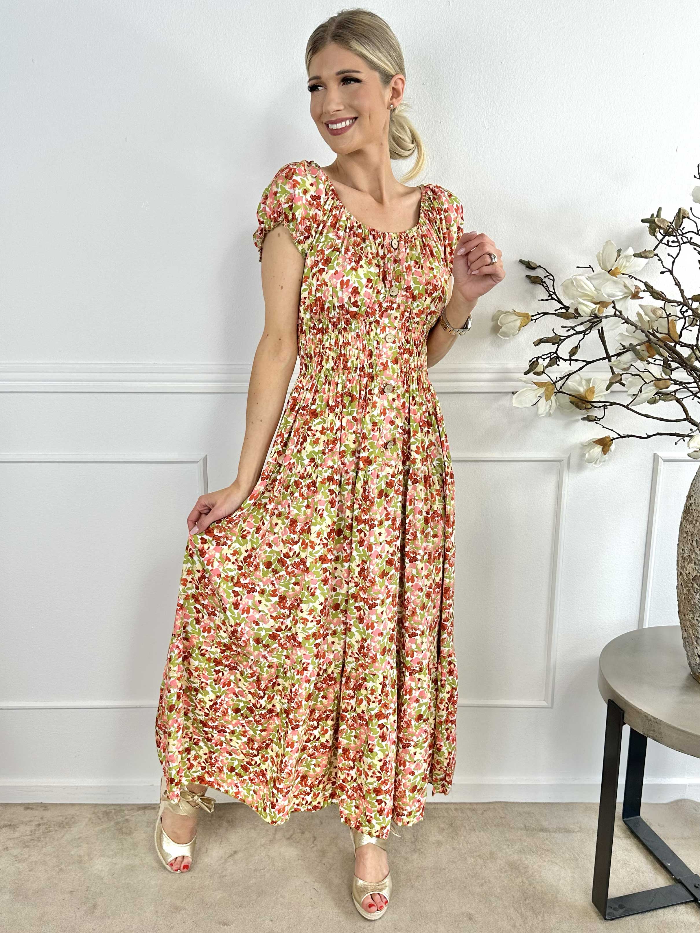 Elise Art - Lang mønstret kjole med smock og træknapper