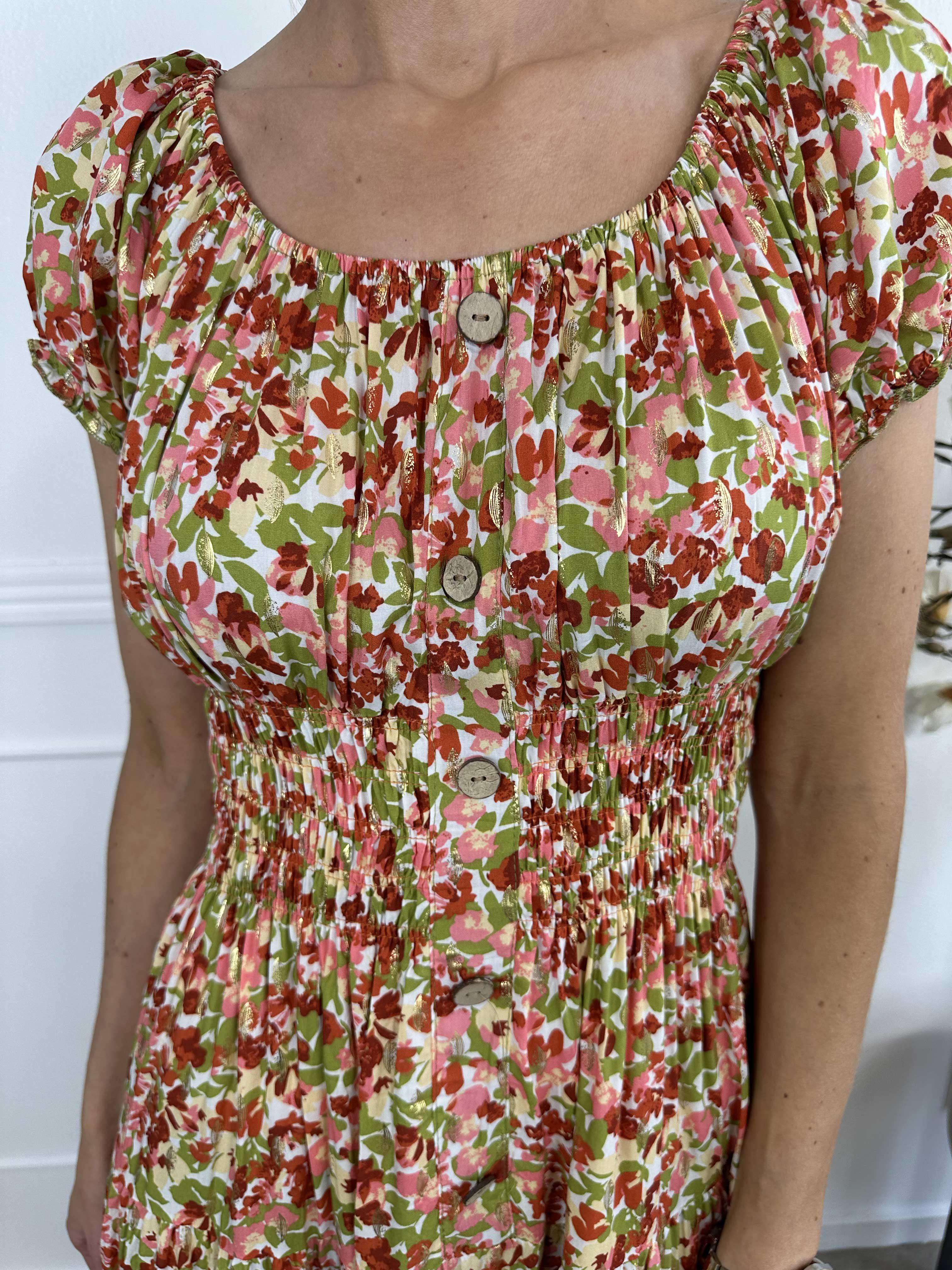 Elise Art - Lang mønstret kjole med smock og træknapper