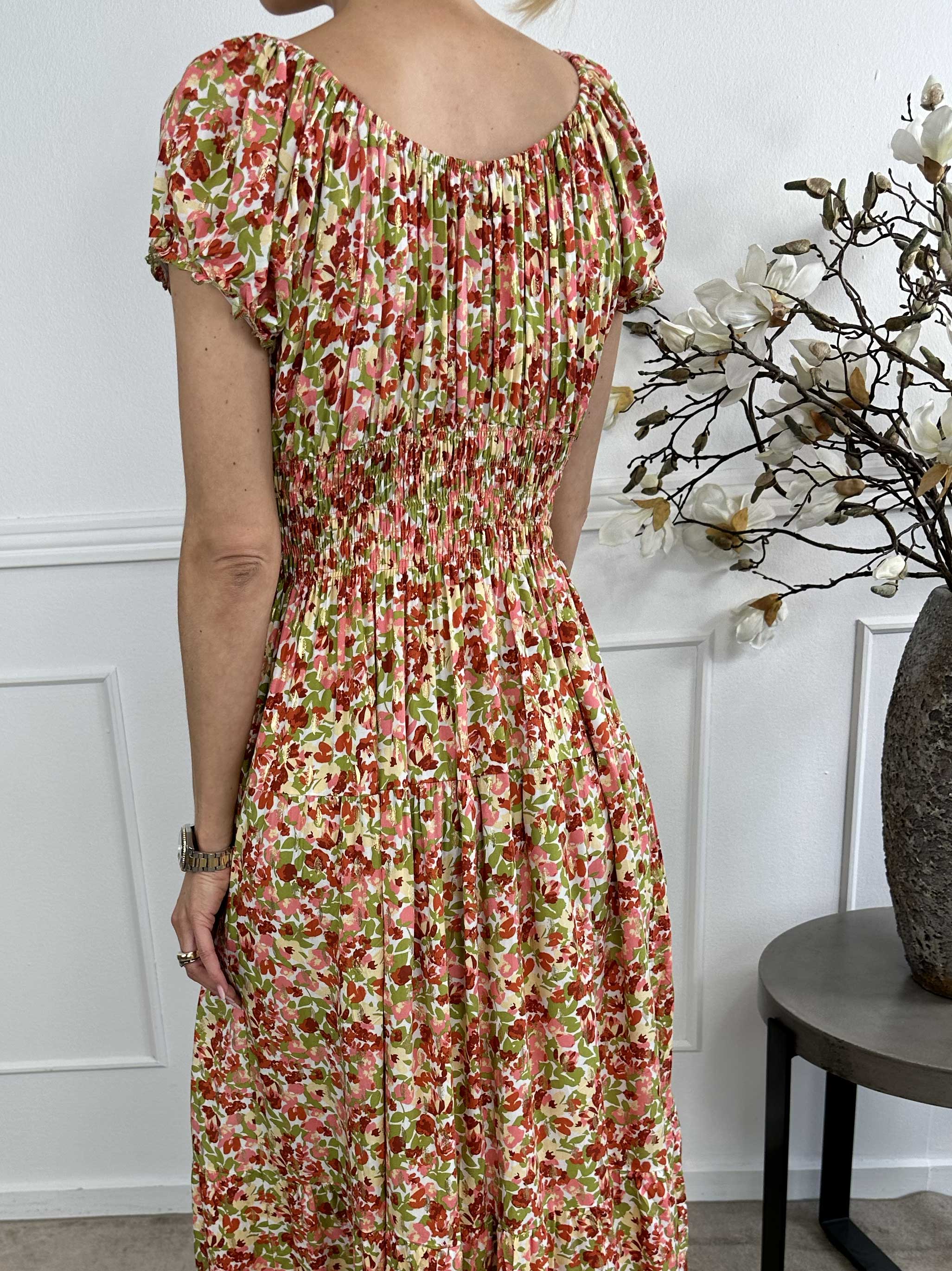 Elise Art - Lang mønstret kjole med smock og træknapper