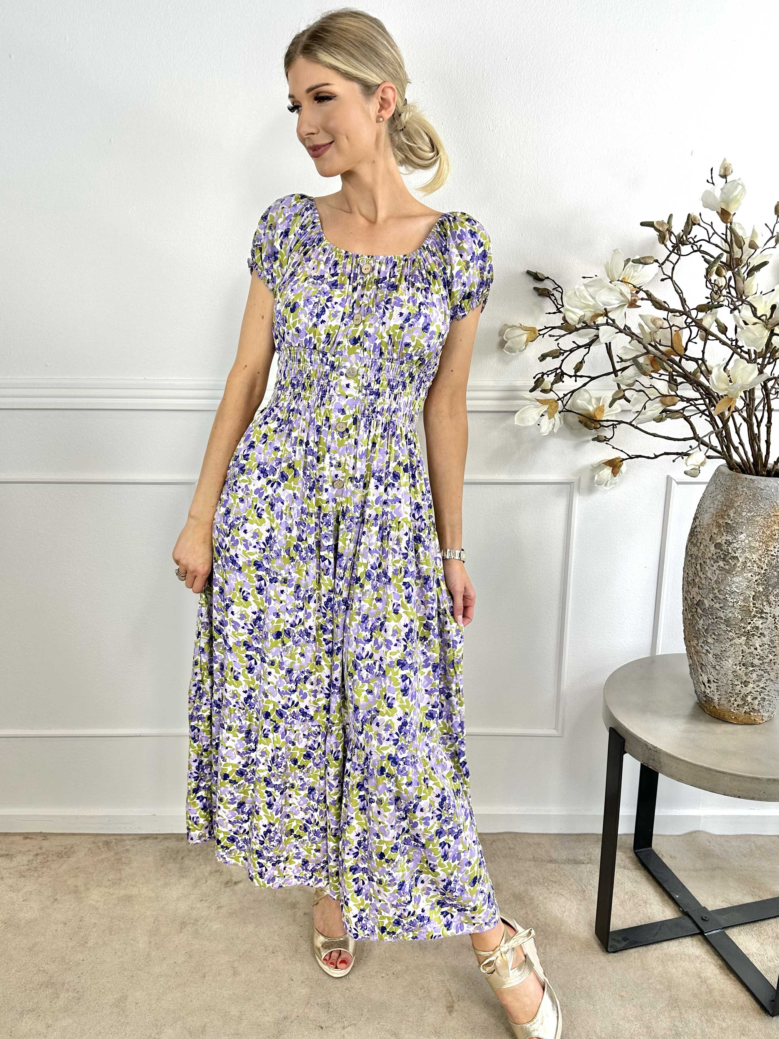 Elise Art - Lang mønstret kjole med smock og træknapper