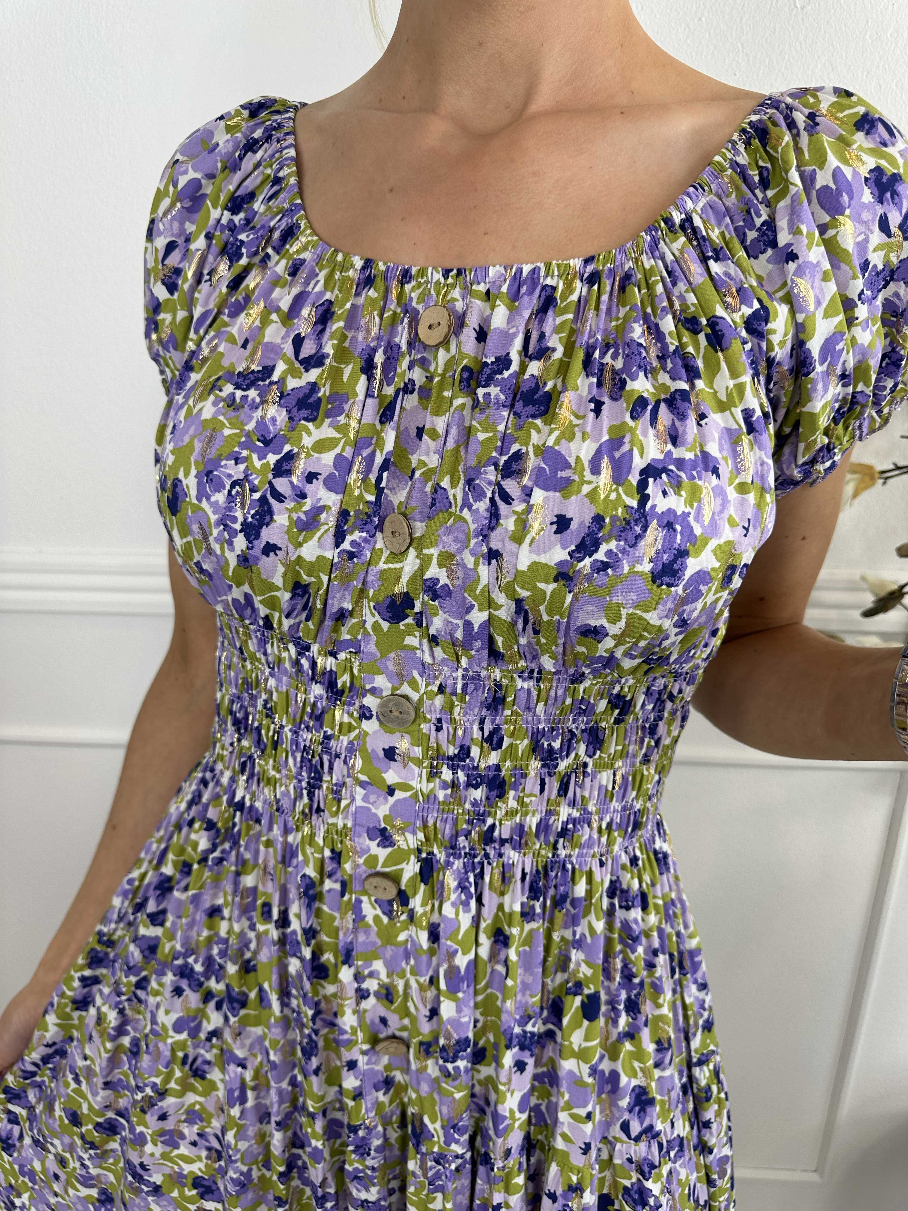 Elise Art - Lang mønstret kjole med smock og træknapper