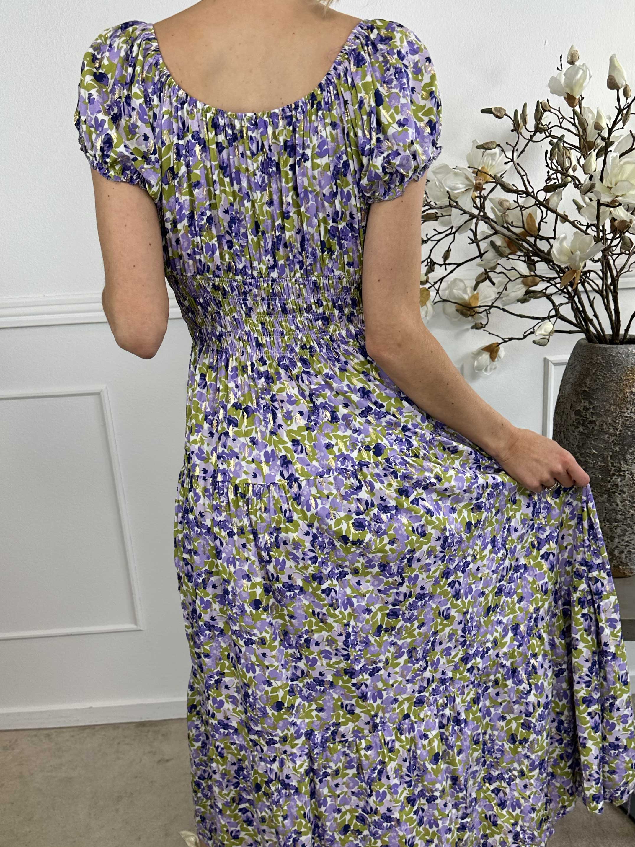 Elise Art - Lang mønstret kjole med smock og træknapper