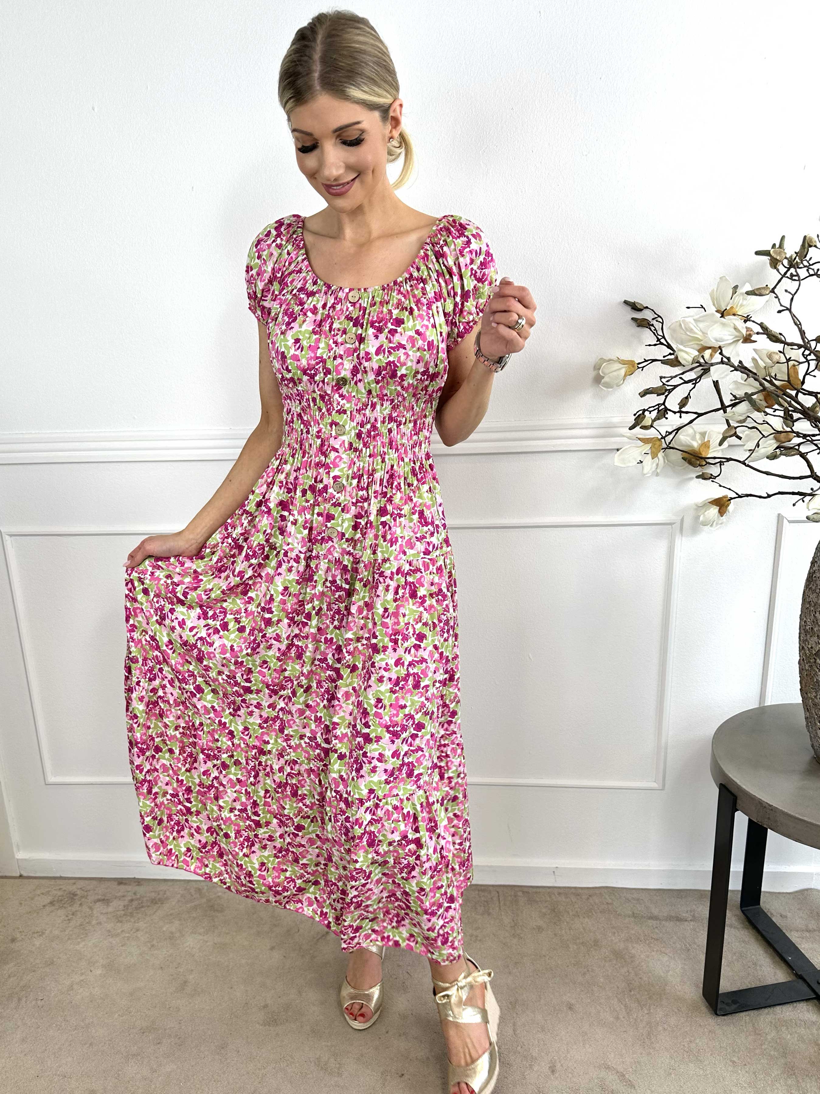 Elise Art - Lang mønstret kjole med smock og træknapper