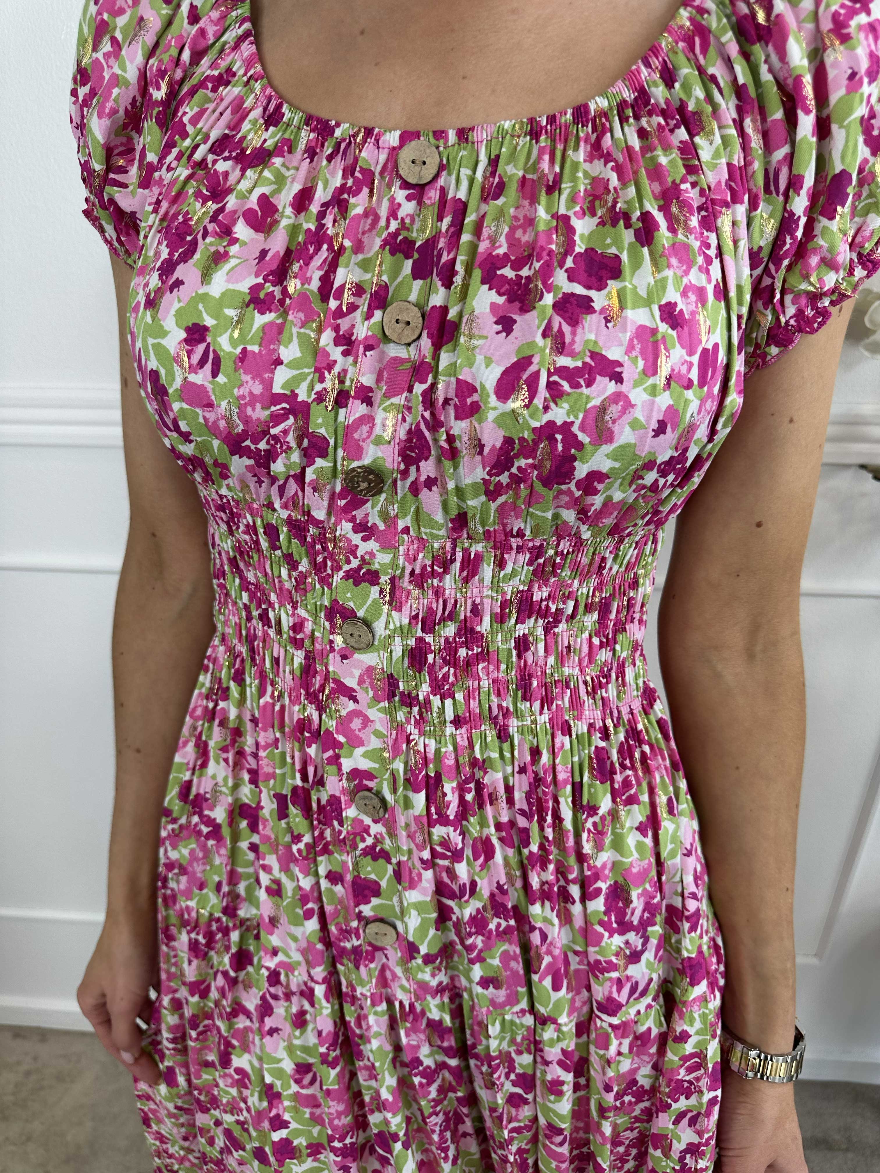 Elise Art - Lang mønstret kjole med smock og træknapper