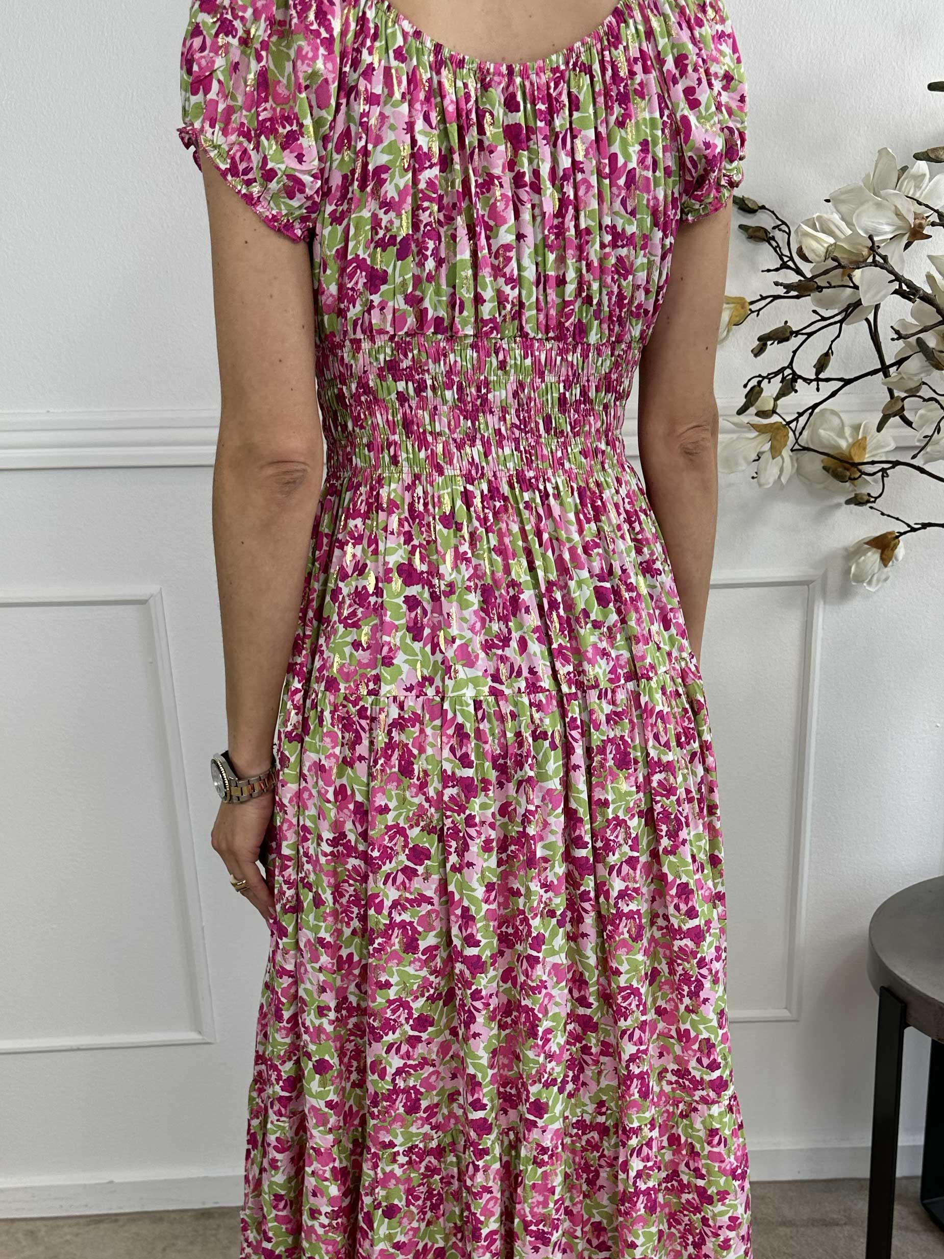 Elise Art - Lang mønstret kjole med smock og træknapper