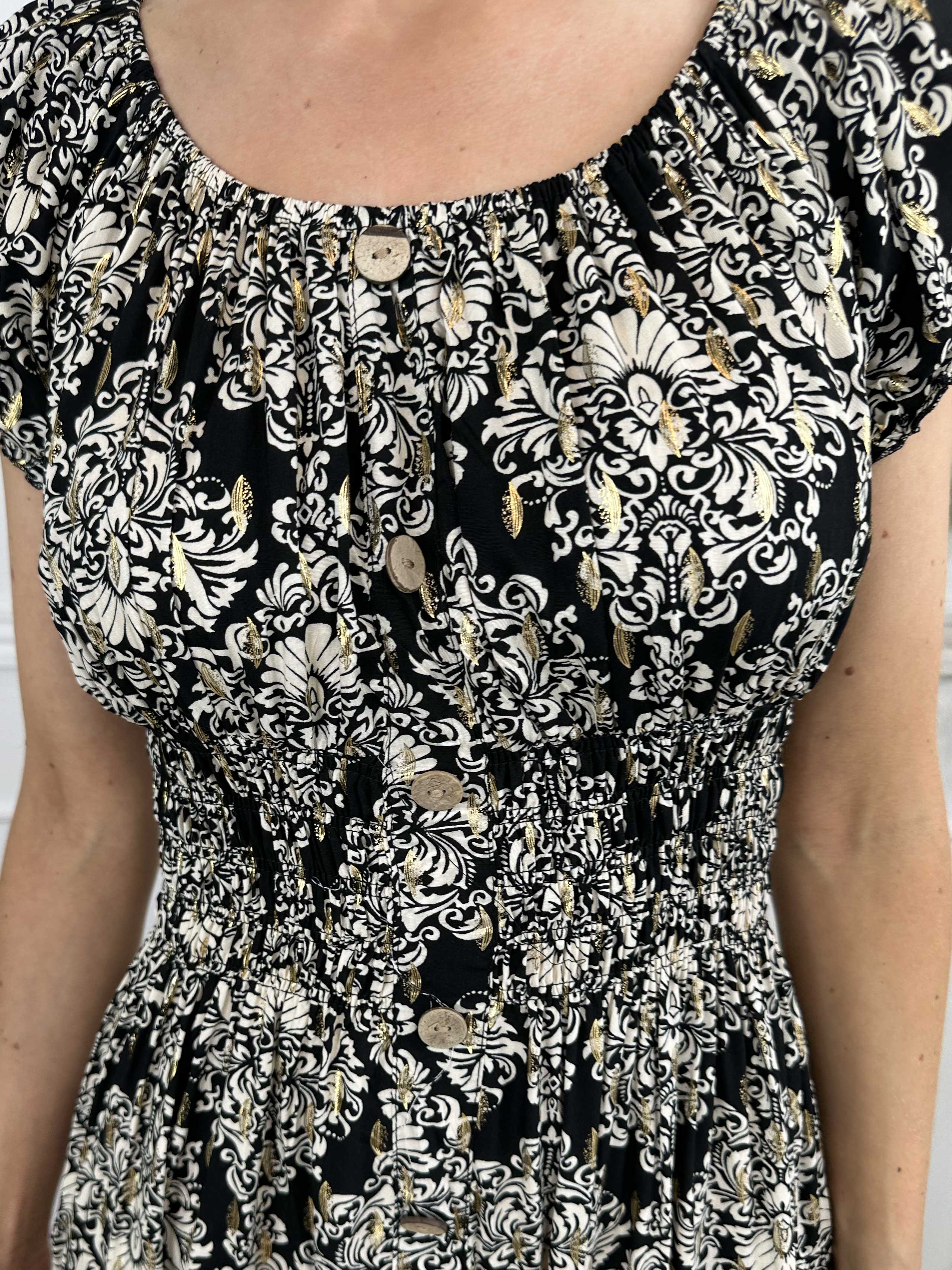 Elise - Lang mønstret kjole med elastik i udskæringen