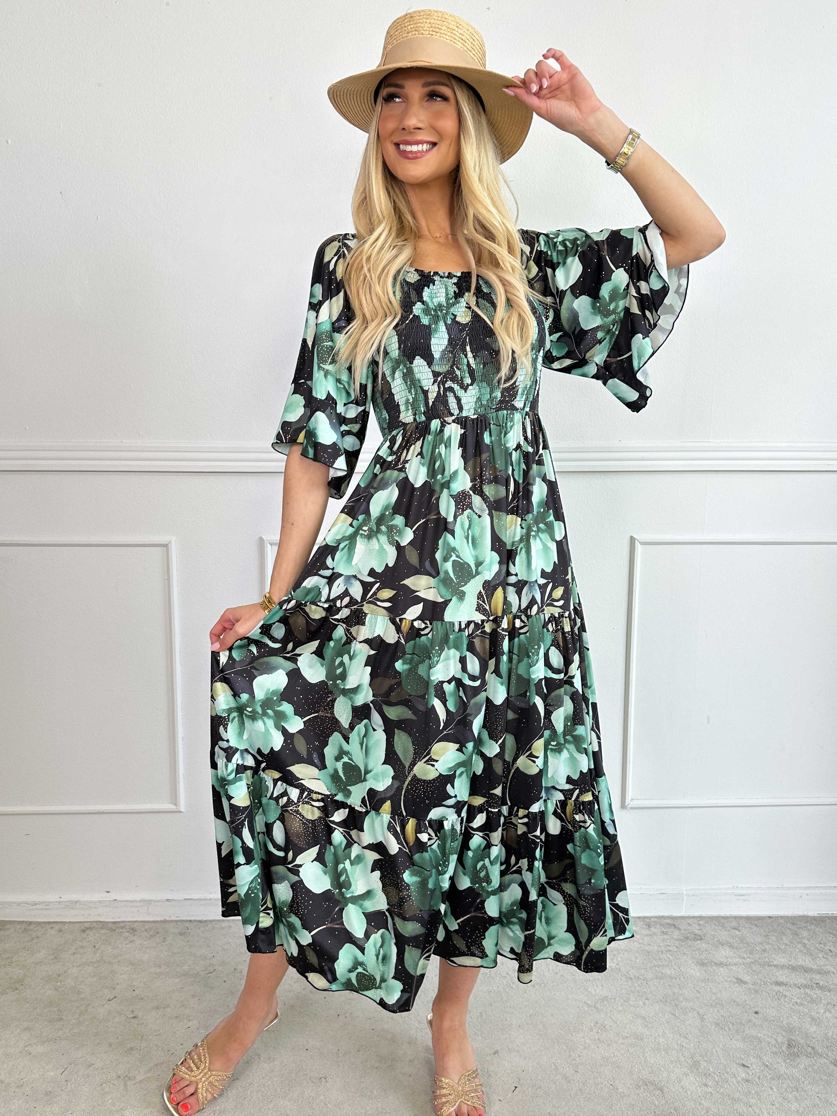 Elna Fiore - Blomstret elastisk kjole med smock over brystet