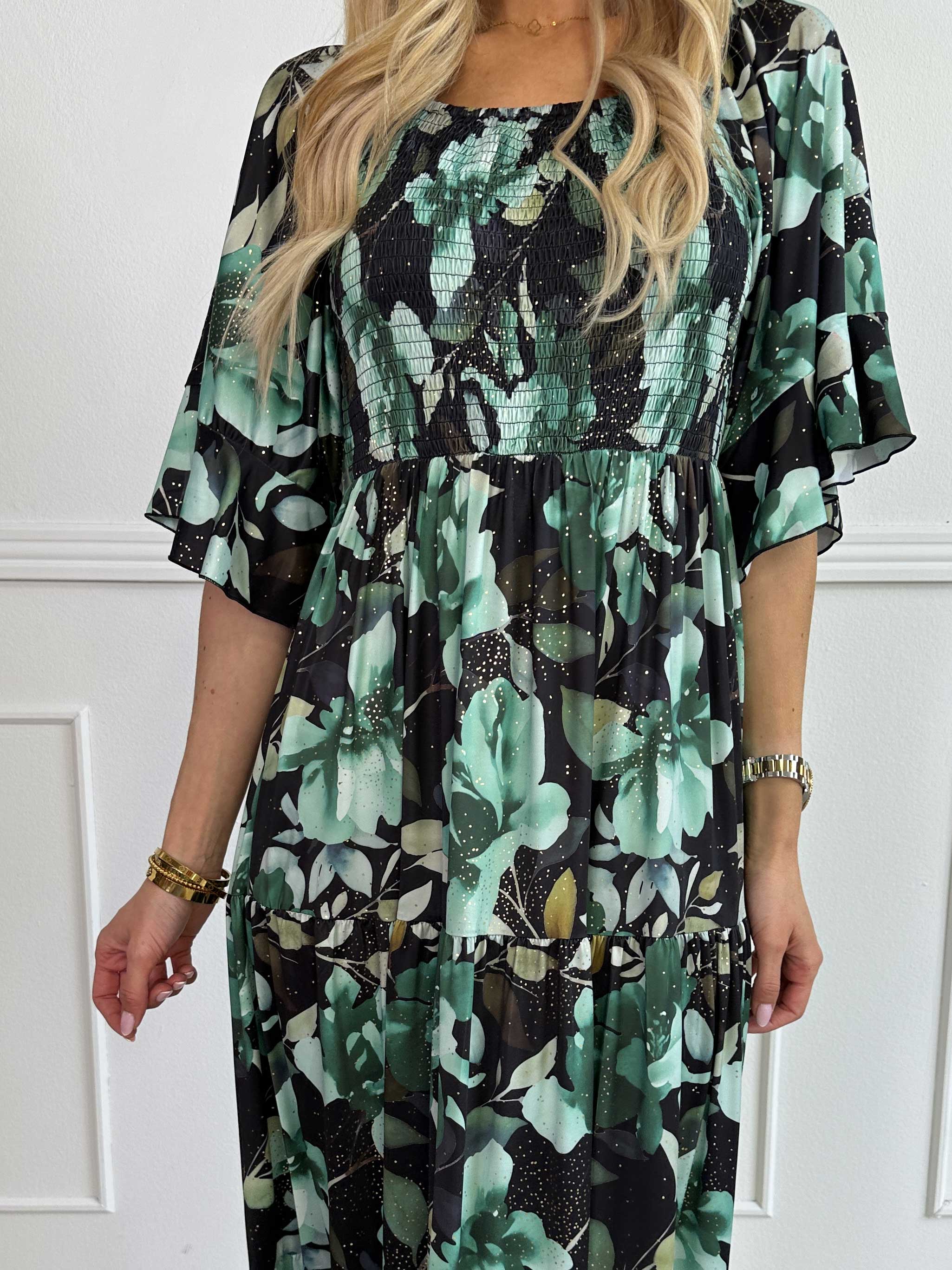 Elna Fiore - Blomstret elastisk kjole med smock over brystet