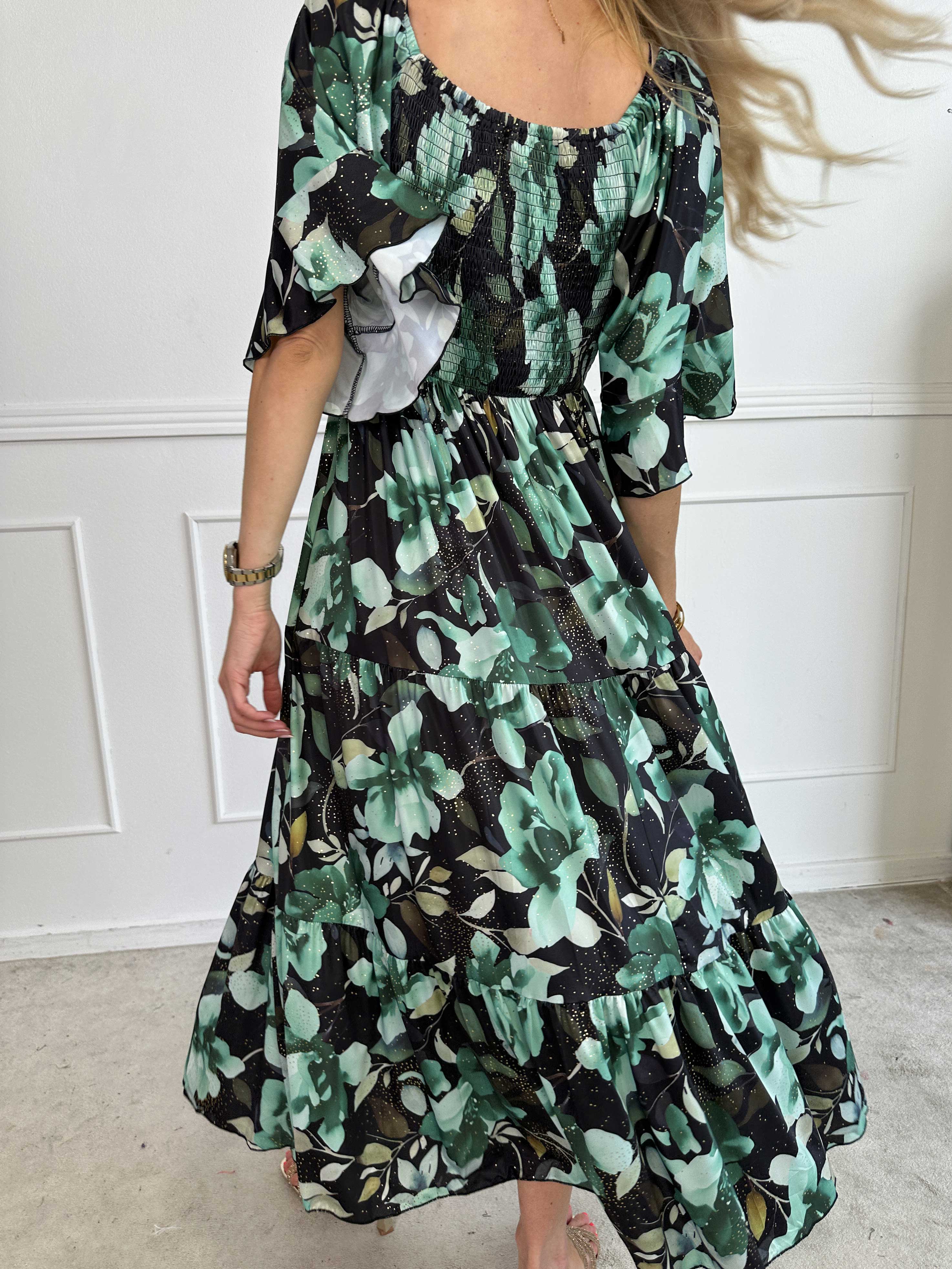 Elna Fiore - Blomstret elastisk kjole med smock over brystet