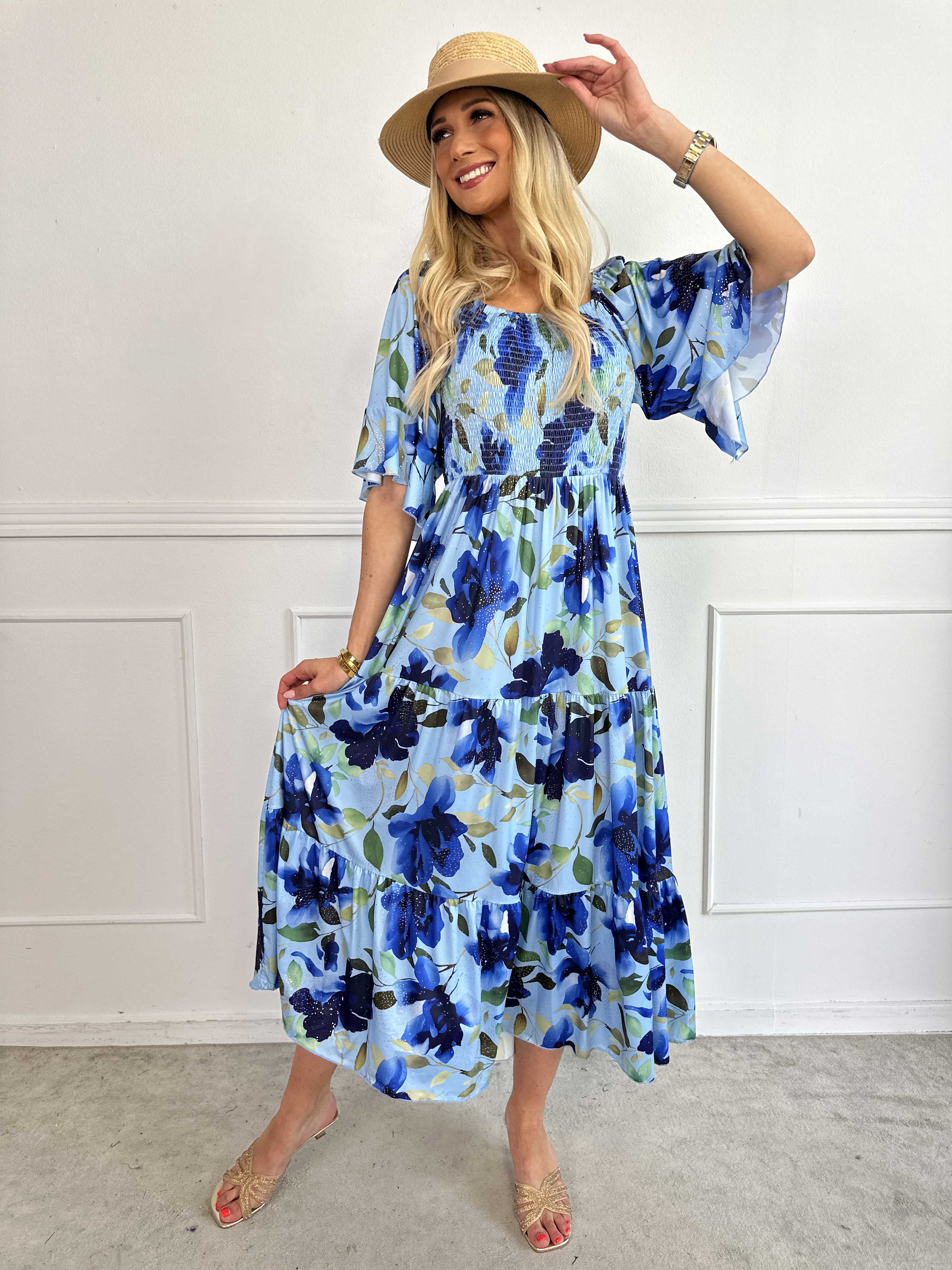 Elna Fiore - Blomstret elastisk kjole med smock over brystet