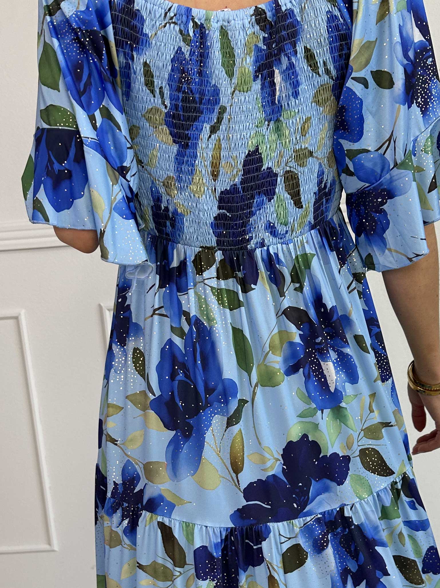 Elna Fiore - Blomstret elastisk kjole med smock over brystet