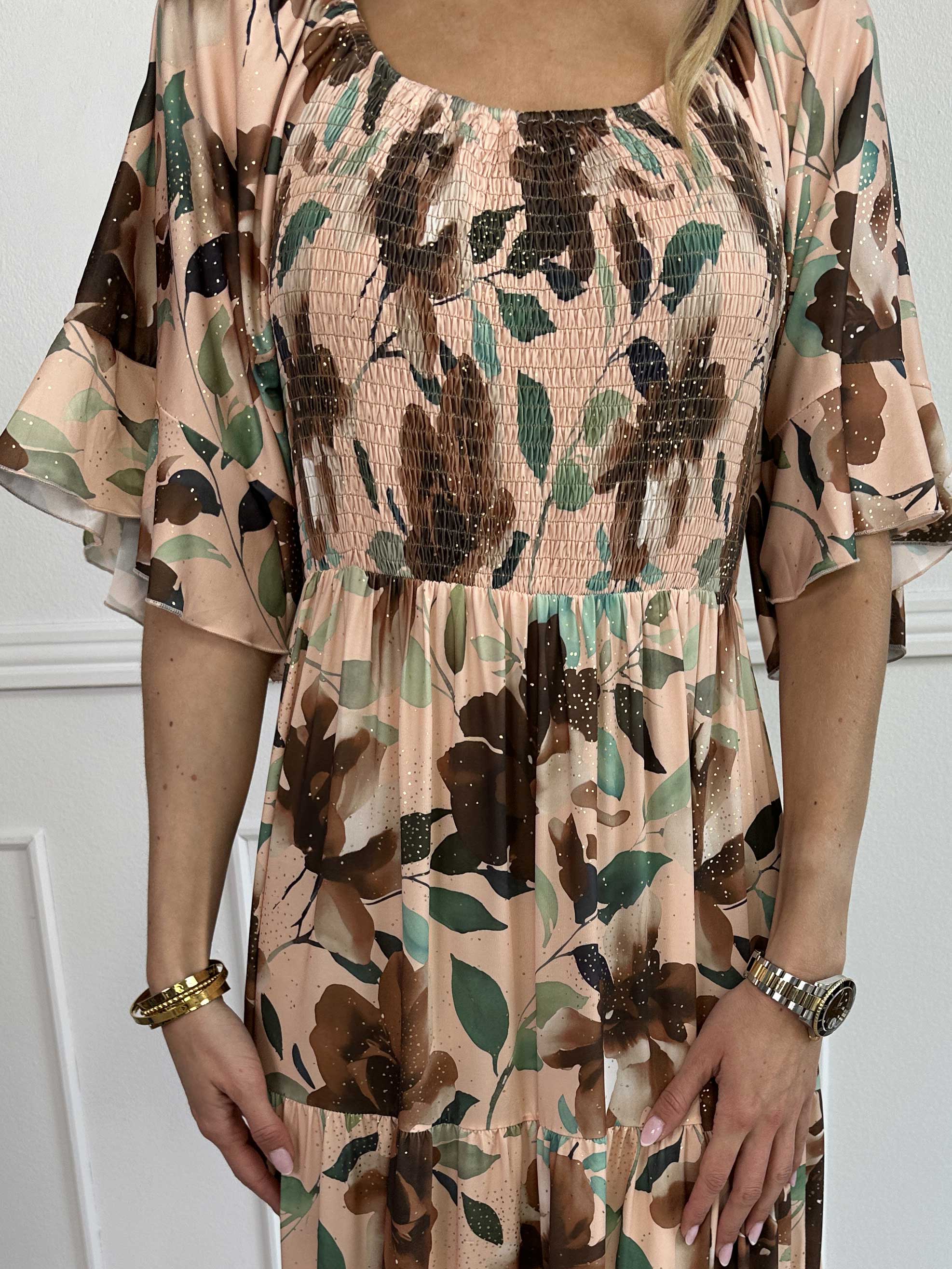 Elna Fiore - Blomstret elastisk kjole med smock over brystet