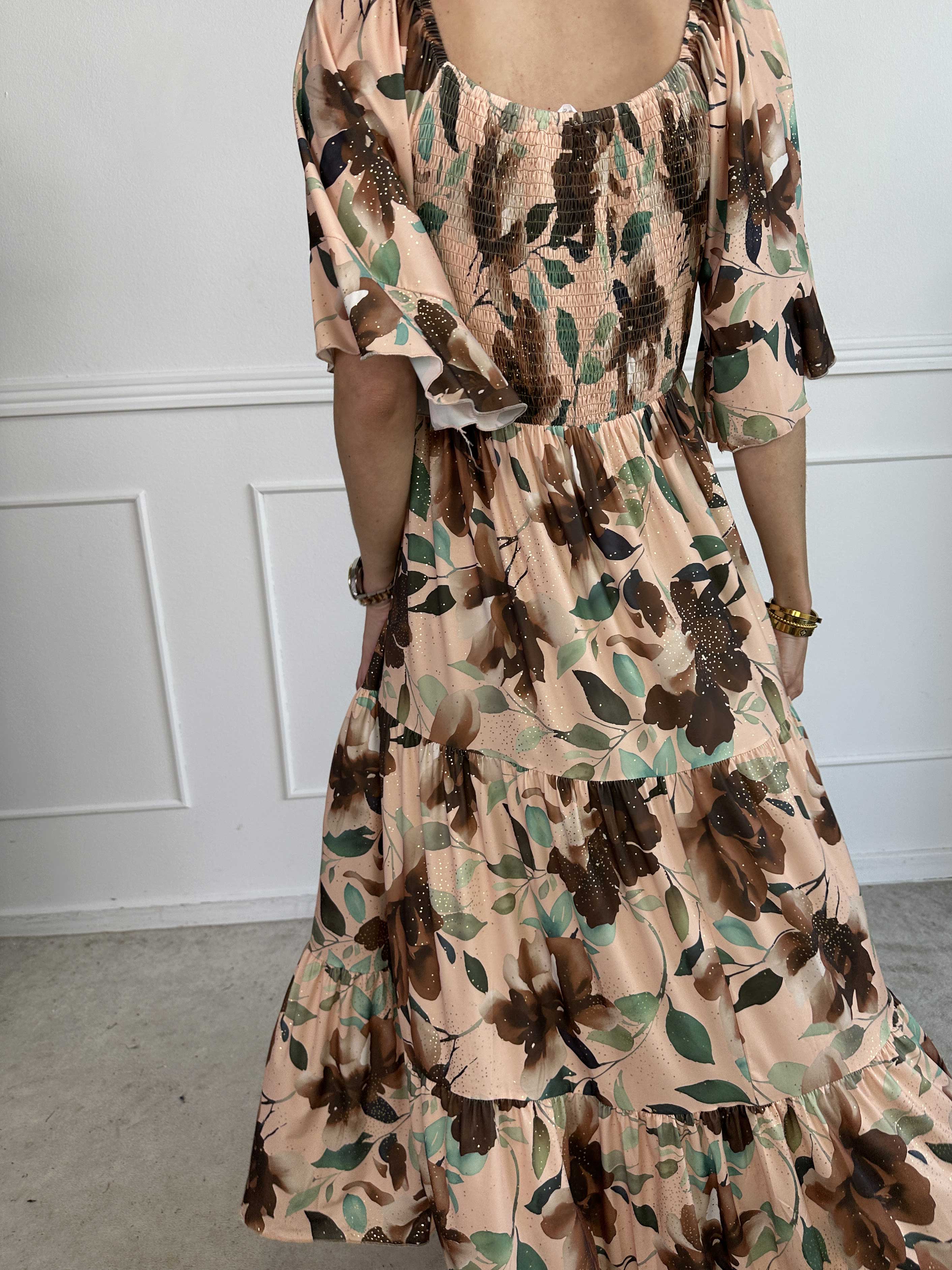 Elna Fiore - Blomstret elastisk kjole med smock over brystet