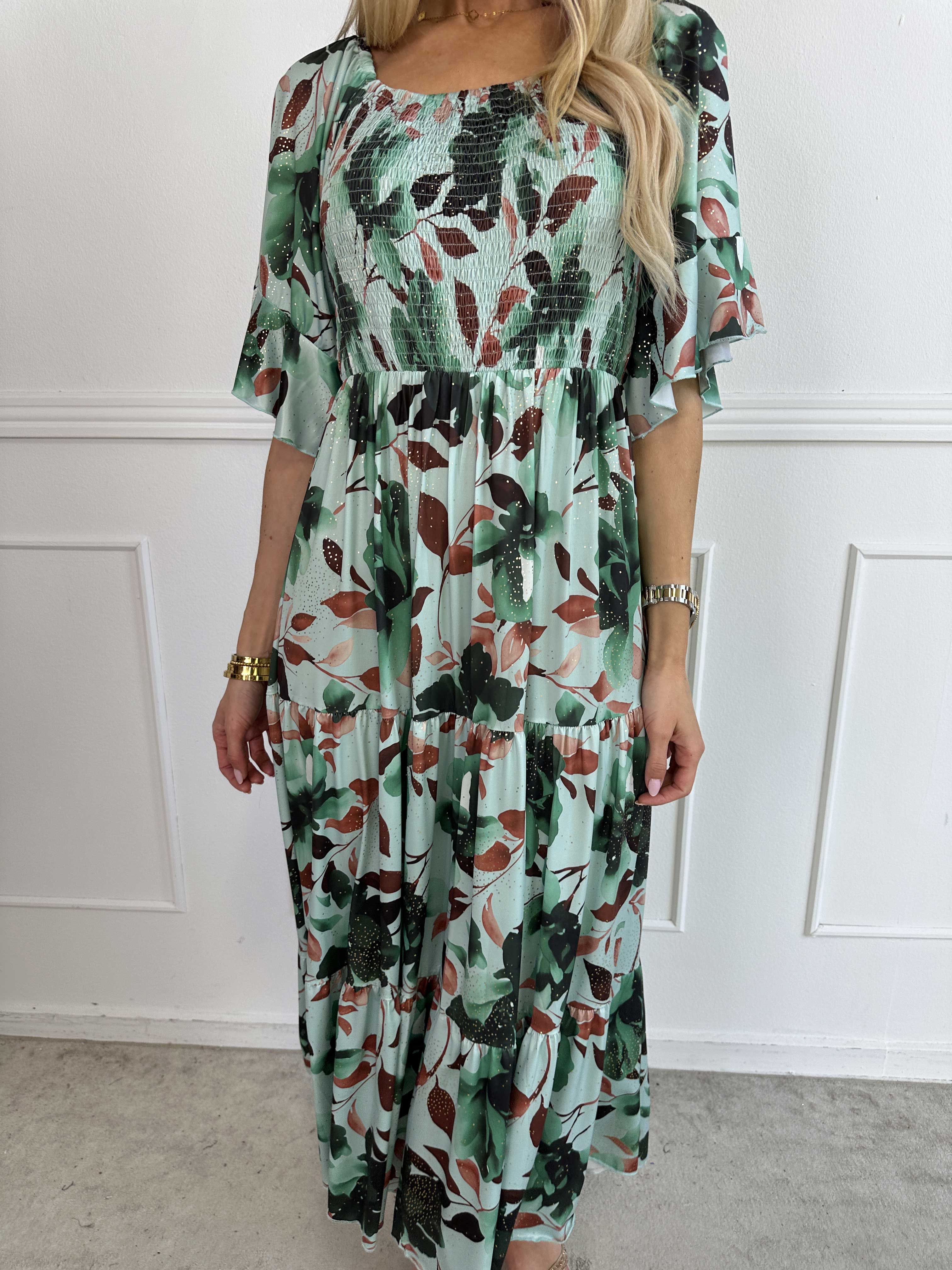 Elna Fiore - Blomstret elastisk kjole med smock over brystet